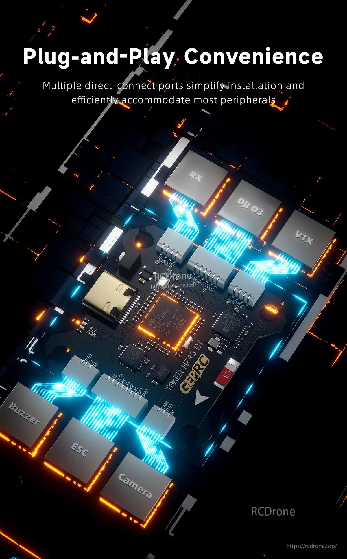 GEPRC TAKER H743 BT 32Bit 65A Stack, GEPRC TAKER H743 BT offers plug-and-play setup with direct-connect ports for ESC, camera, buzzer, DJI O3, VTX, and RX.