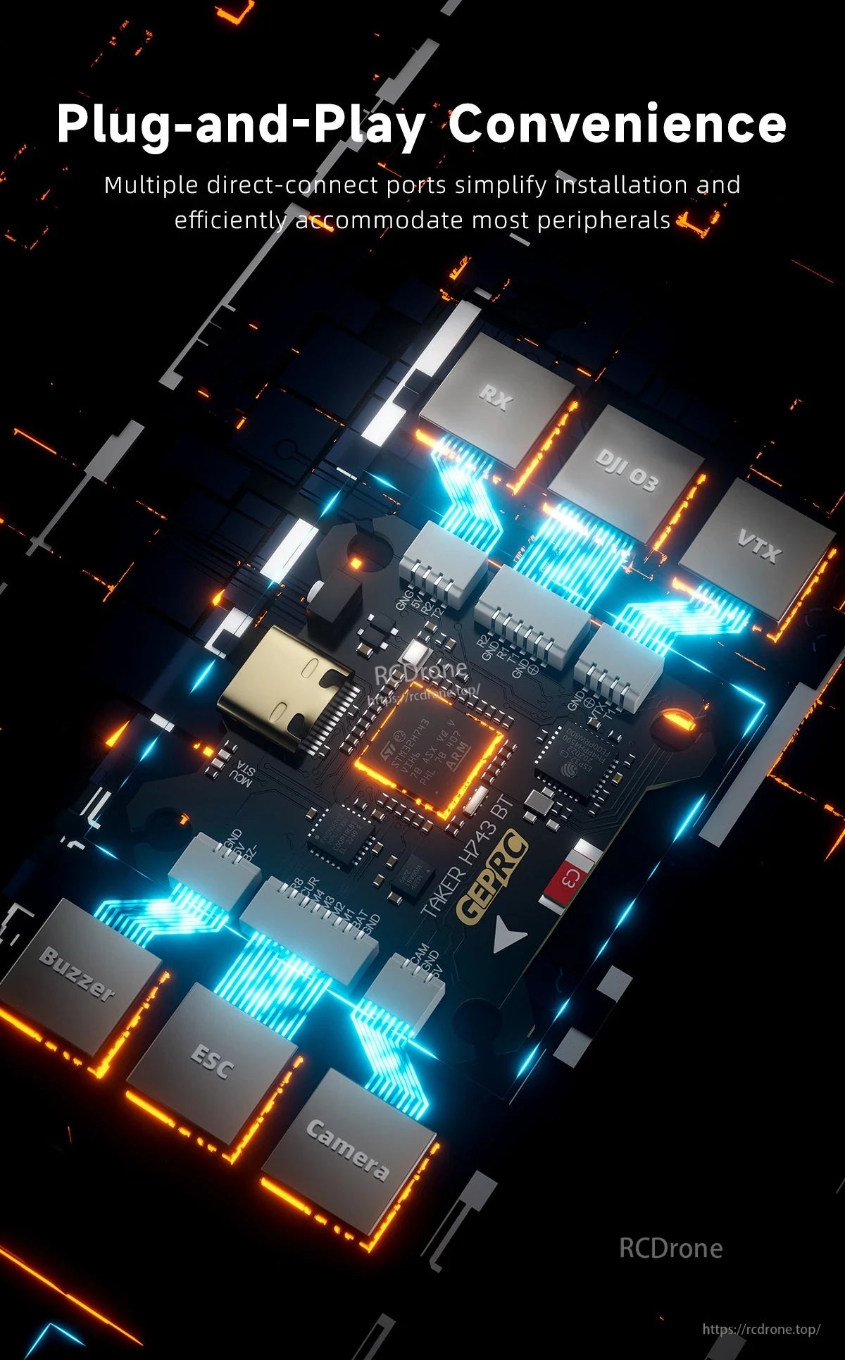 GEPRC TAKER H743 BT 8Bit 80A Stack, GEPRC TAKER H743 BT offers plug-and-play setup with illuminated ports for easy connection of RX, DJI O3, VTX, buzzer, ESC, and camera.