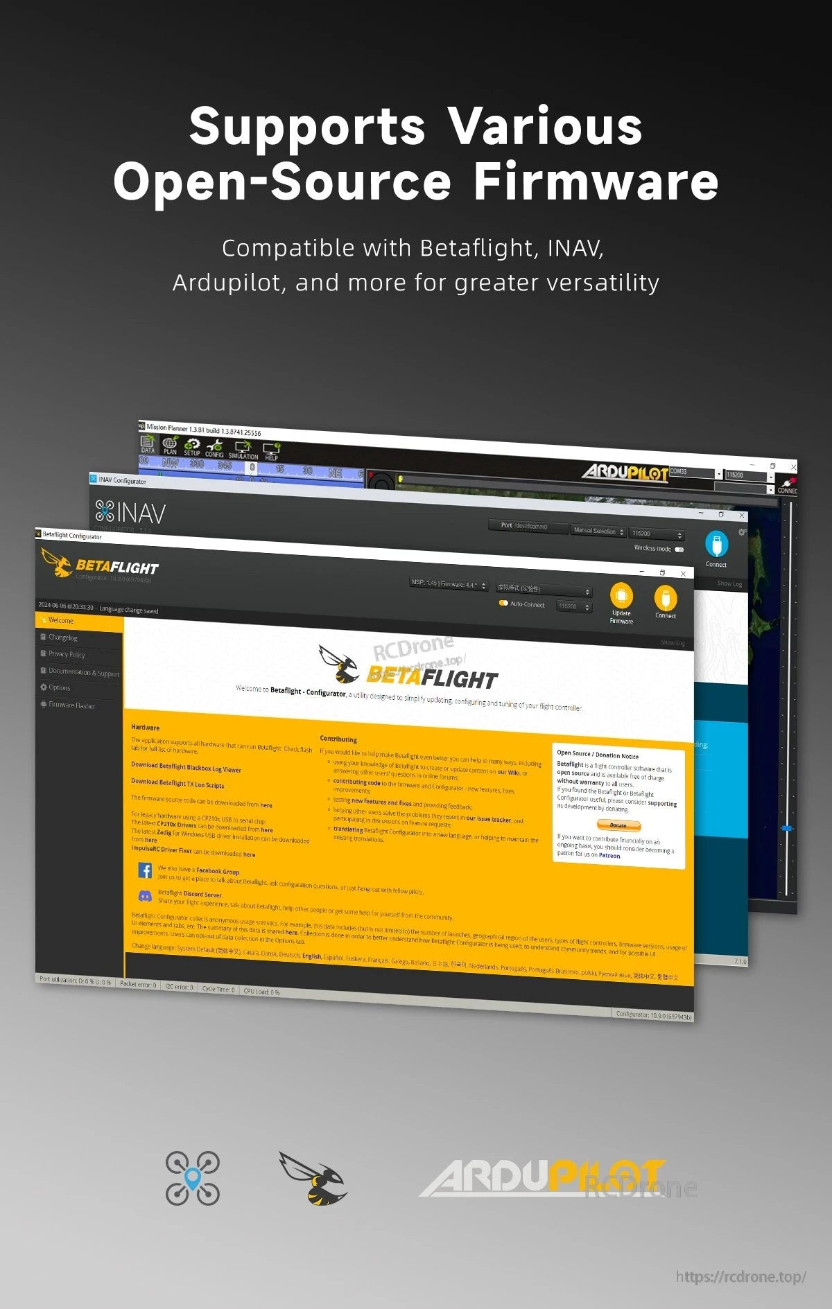 GEPRC TAKER H743 BT 8Bit 80A Stack, Supports open-source firmware (Betaflight, INAV, Ardupilot) and cross-platform tools for tuning and updates, boosting flight controller versatility.