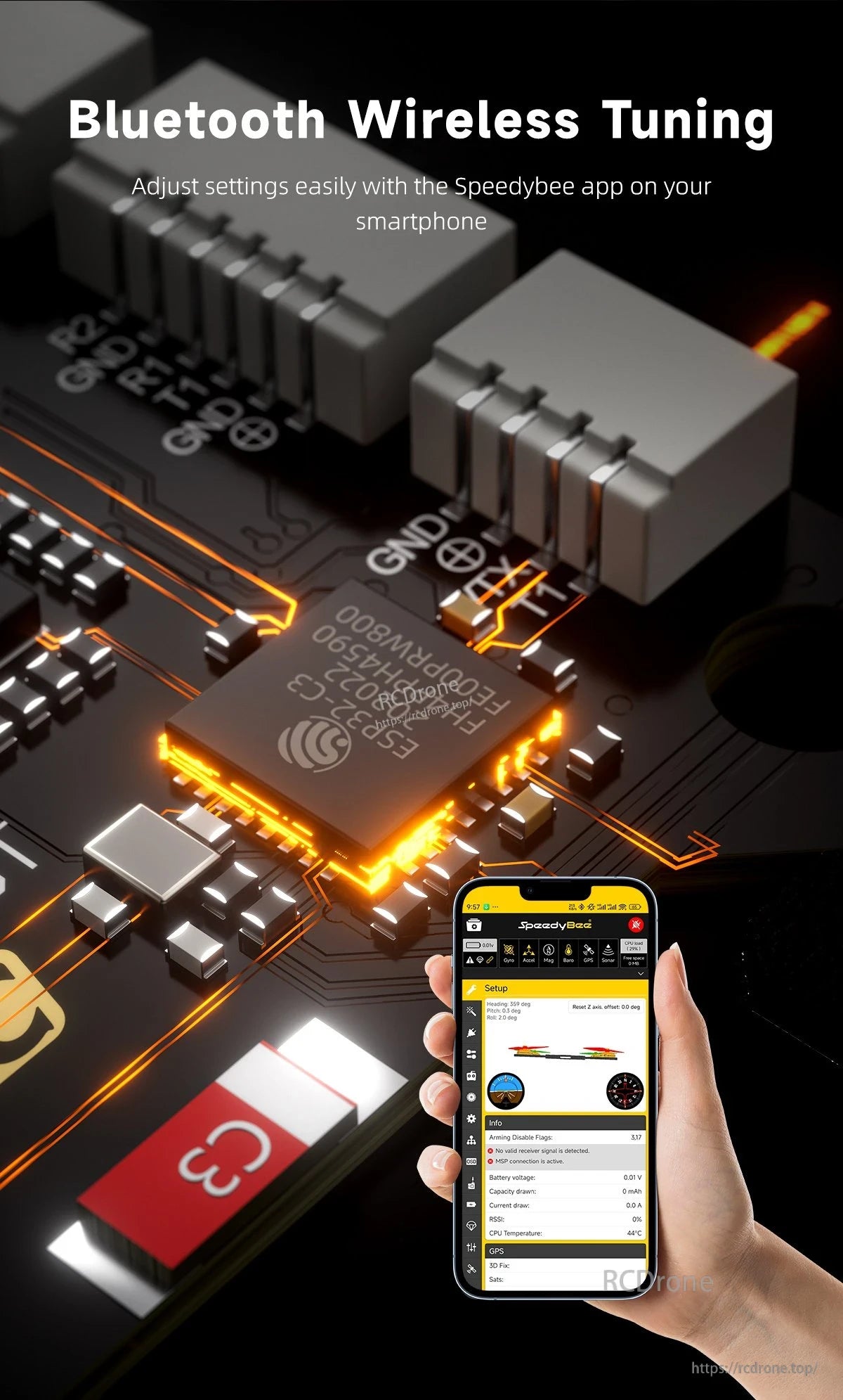 GEPRC TAKER H743 BT 8Bit 80A Stack, Bluetooth tuning via Speedybee app uses ESP32-C3 for real-time telemetry and performance optimization with illuminated circuitry.