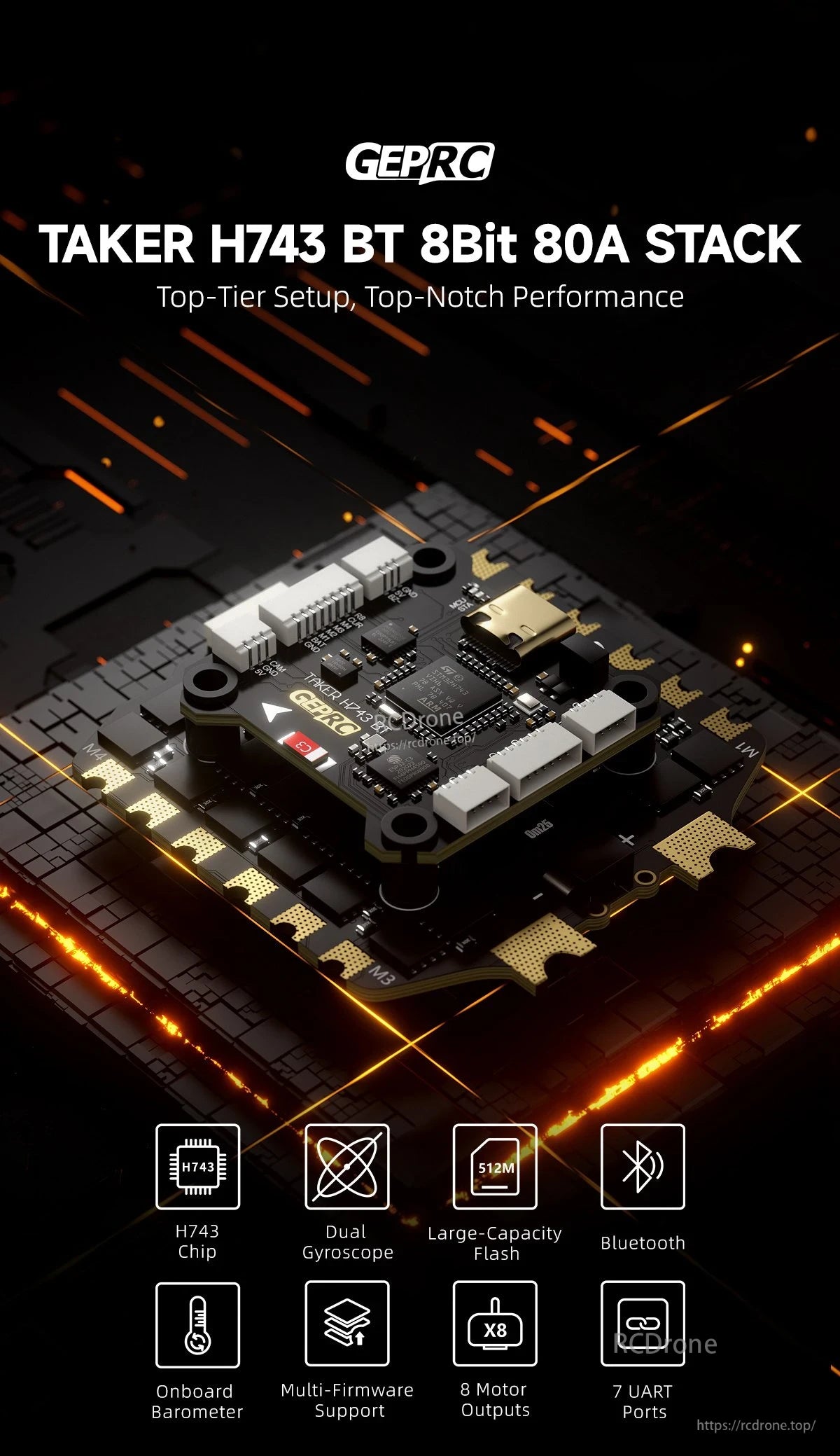 GEPRC TAKER H743 BT 8Bit 80A Stack, The GEPRC TAKER H743 BT stack delivers high-end performance with advanced sensors, Bluetooth, multi-firmware support, and extensive connectivity for precise, customizable flight control.