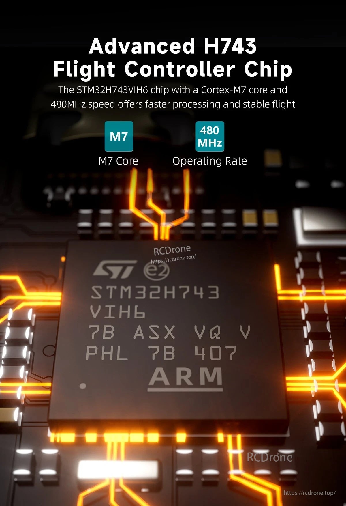 GEPRC TAKER H743 BT 8Bit 80A Stack, The H743 flight controller uses a 480MHz Cortex-M7 chip for faster processing and stable drone flight.