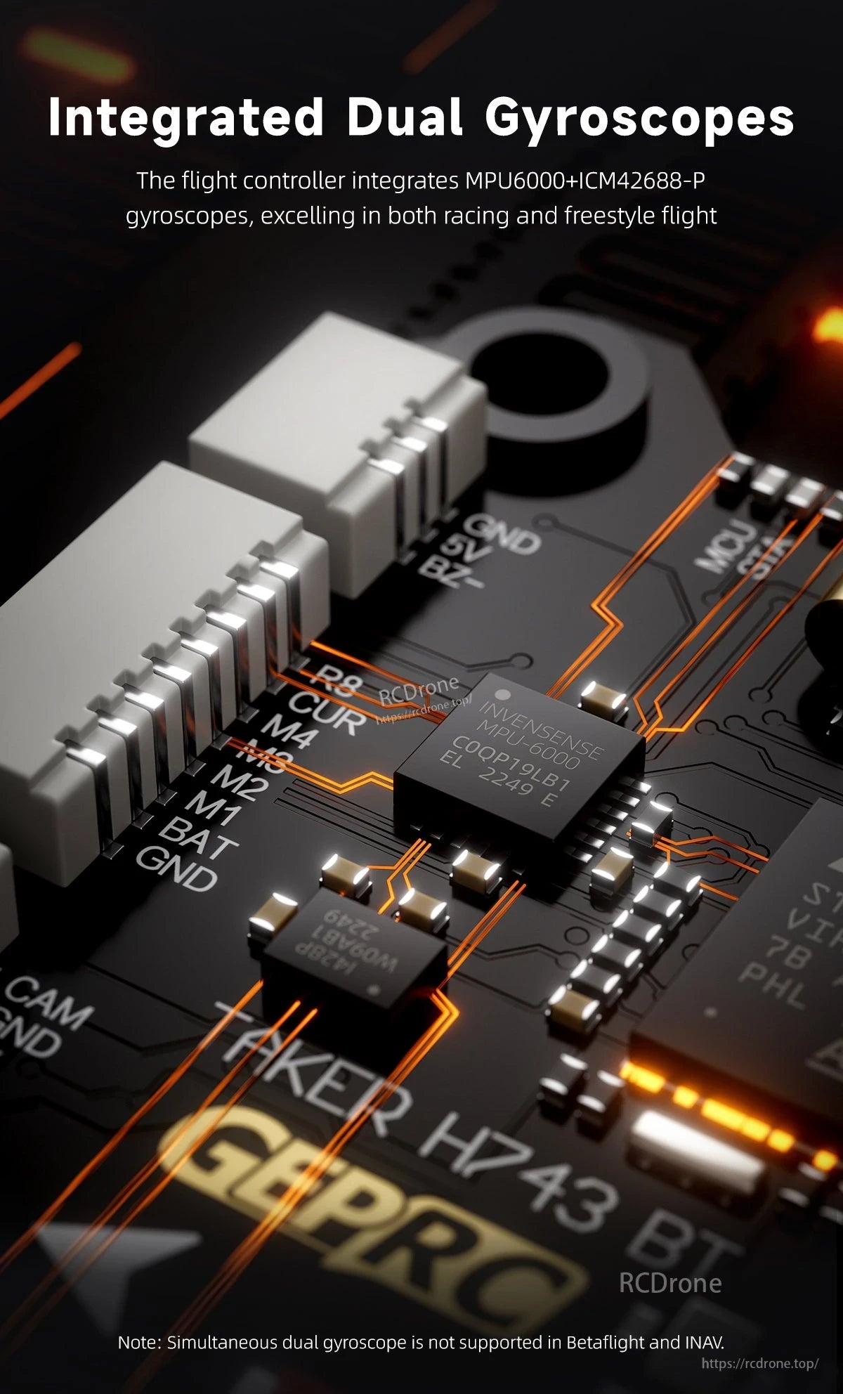 GEPRC TAKER H743 BT 8Bit 80A Stack, GEPRC TAKER H743 BT features MPU6000 and ICM42688-P gyros, but dual gyro isn't supported in Betaflight/INAV; board has orange traces and labeled components.
