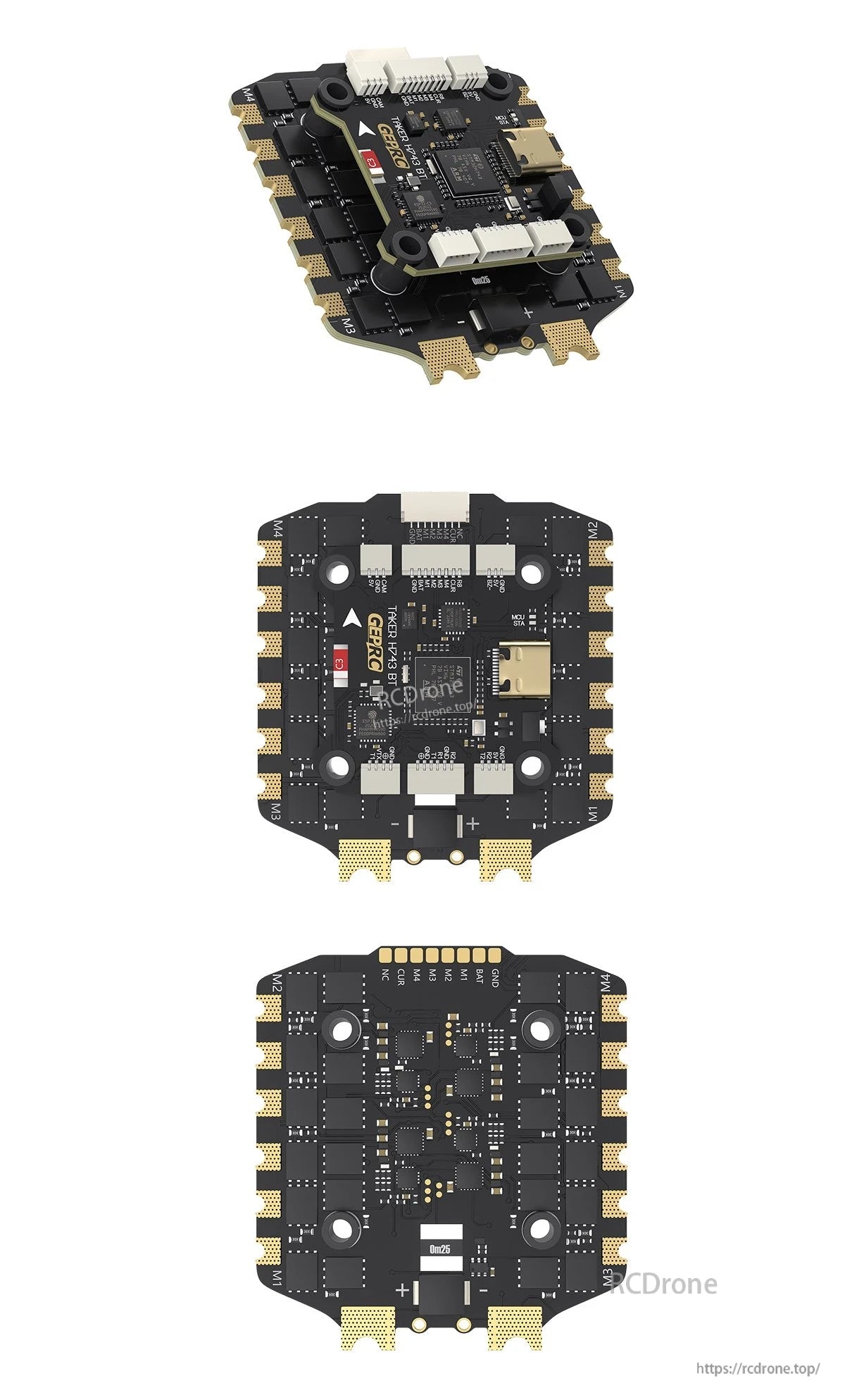 GEPRC TAKER H743 BT 8Bit 80A Stack displayed from three angles with labeled connectors, ports, and components for drone flight control.