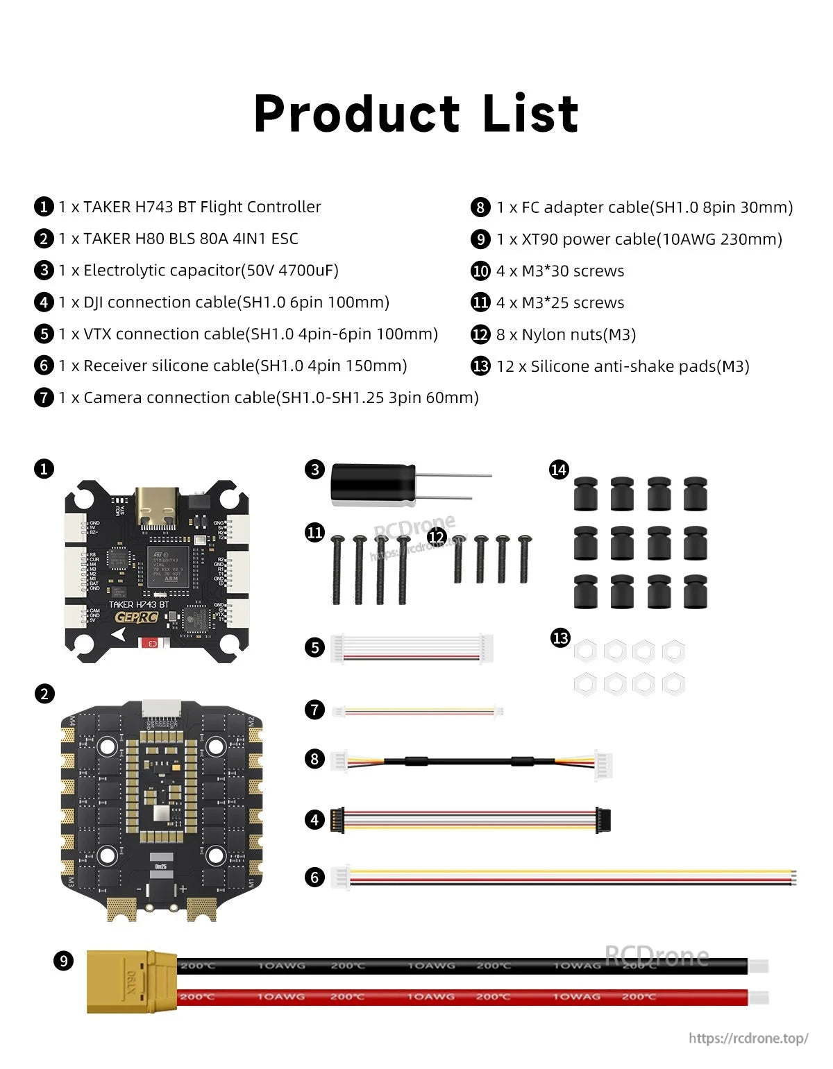 GEPRC TAKER H743 BT 8Bit 80A Stack, Includes flight controller, ESC, capacitor, cables, power cable, screws, nuts, and anti-shake pads for drone assembly.