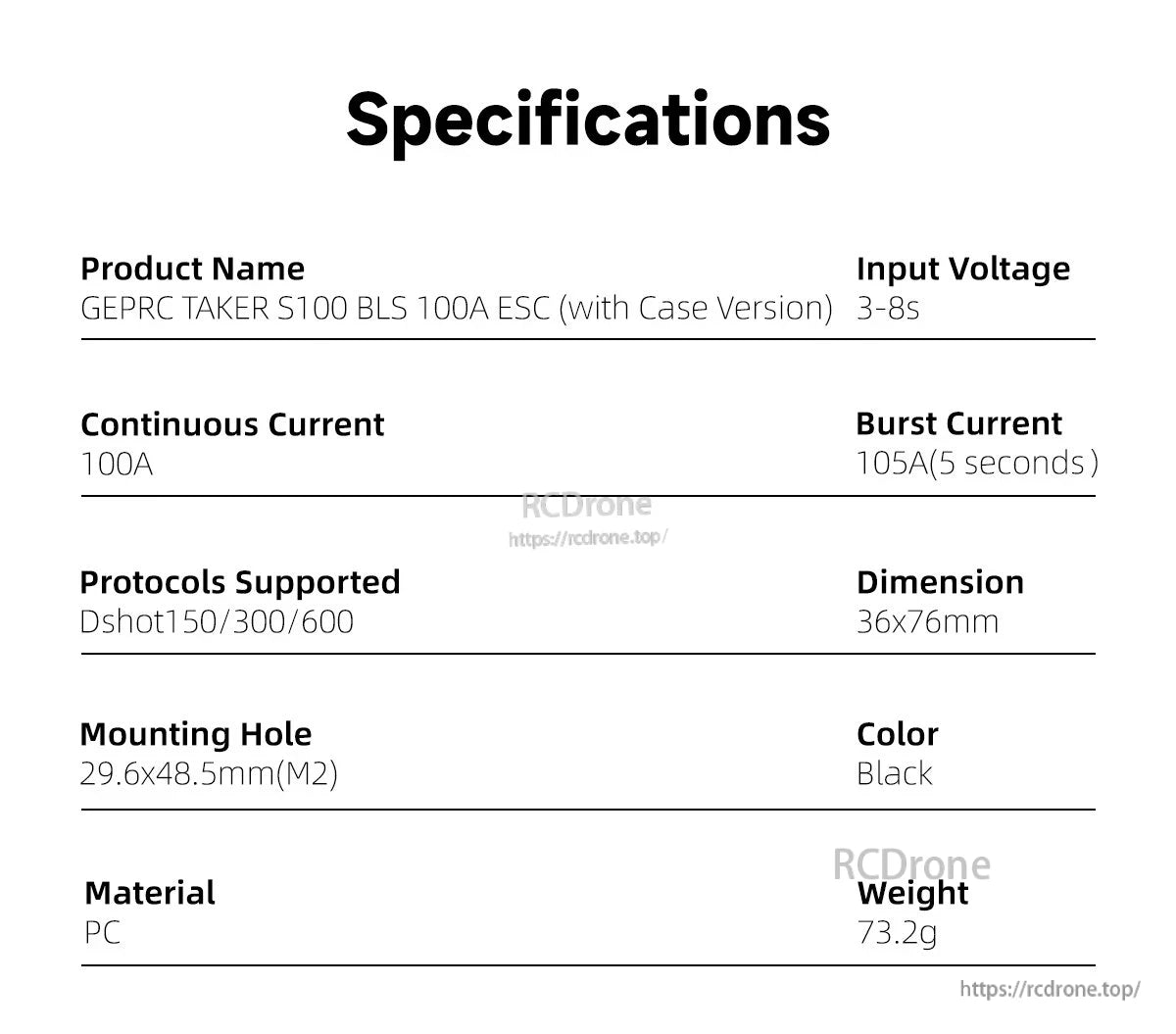 GEPRC TAKER S100 8S BLS 100A ESC, GEPRC TAKER S100 BLS 100A ESC supports Dshot, handles 100A/105A current, fits 3-8S, measures 36x76mm, weighs 73.2g, with black PC case and M2 mounts.