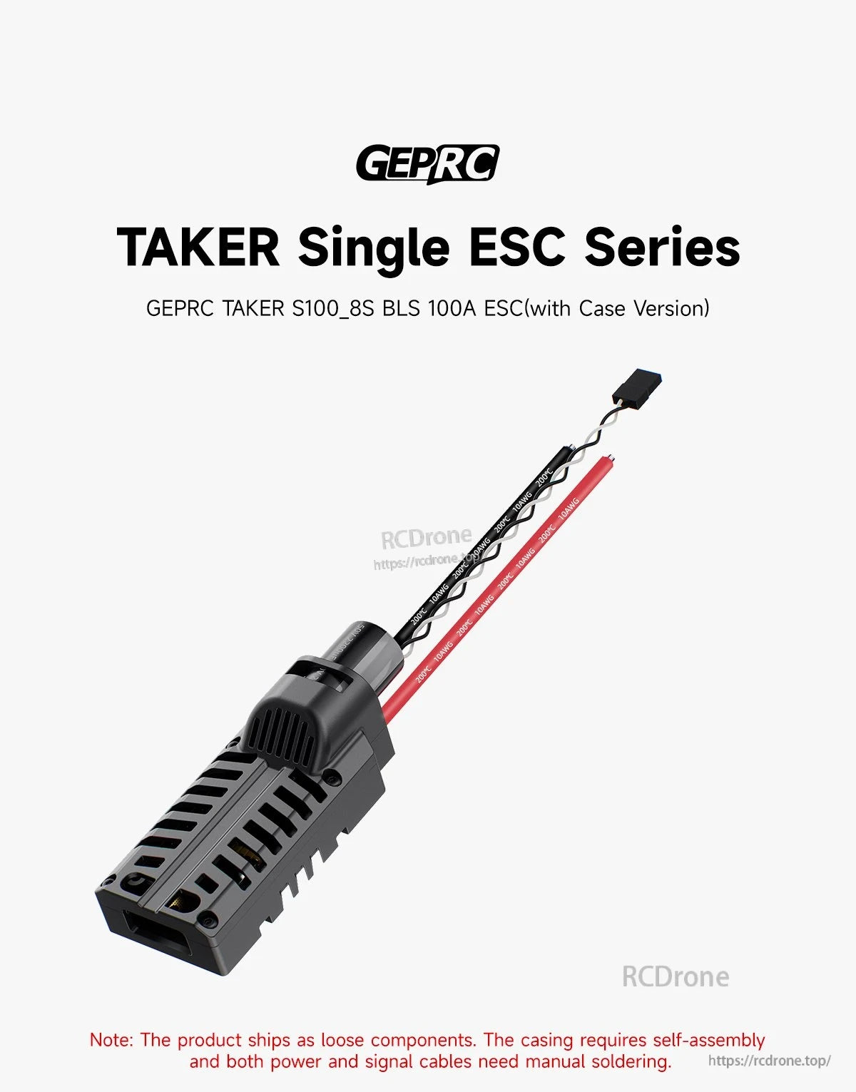 GEPRC TAKER S100 8S BLS 100A ESC, GEPRC TAKER S100 ESC ships unassembled; requires soldering and is built for high-performance use.