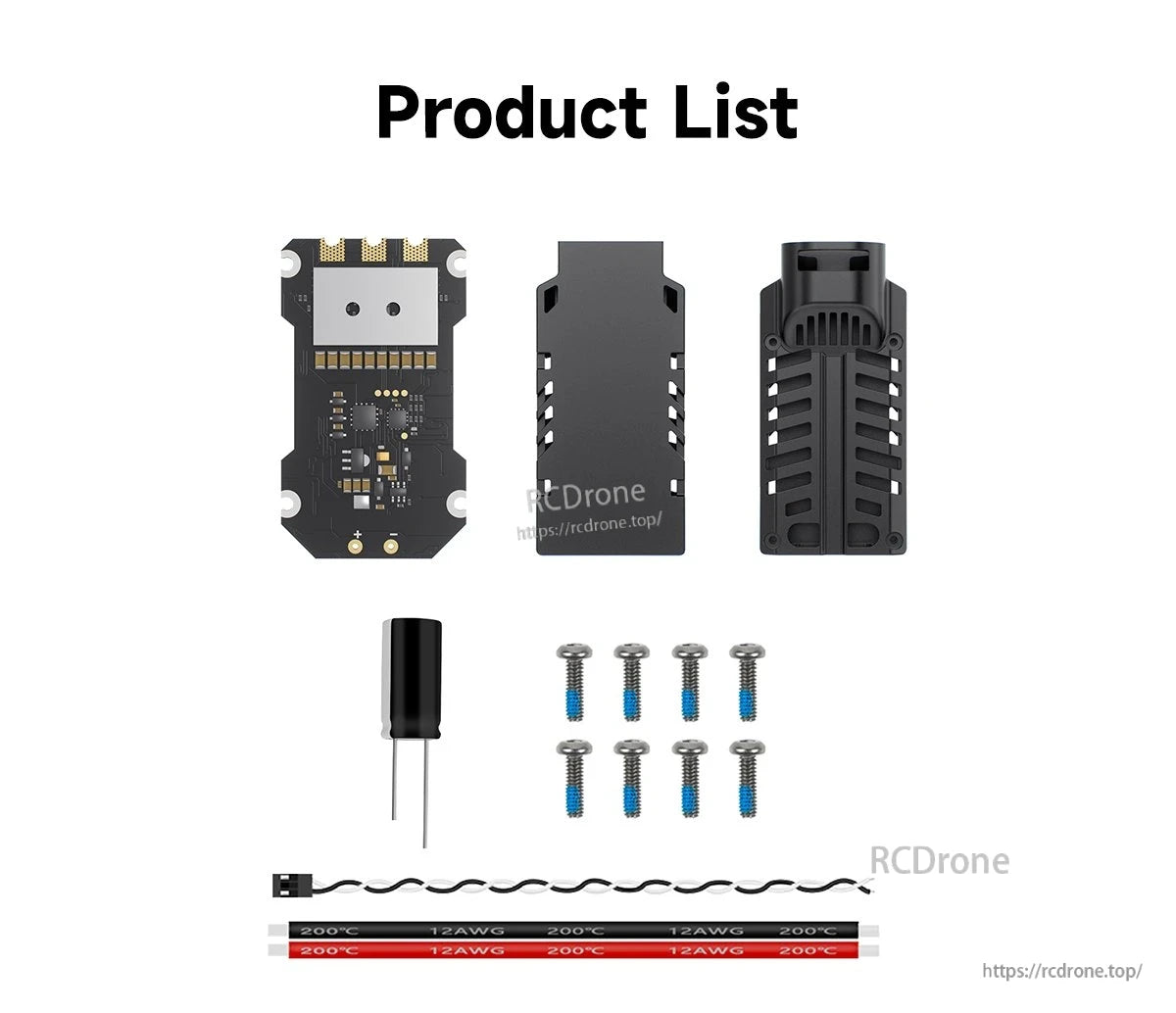 GEPRC TAKER S60 BLS 60A ESC, Product list: ESC board, casing, capacitor, screws, and 12AWG 200°C wires.