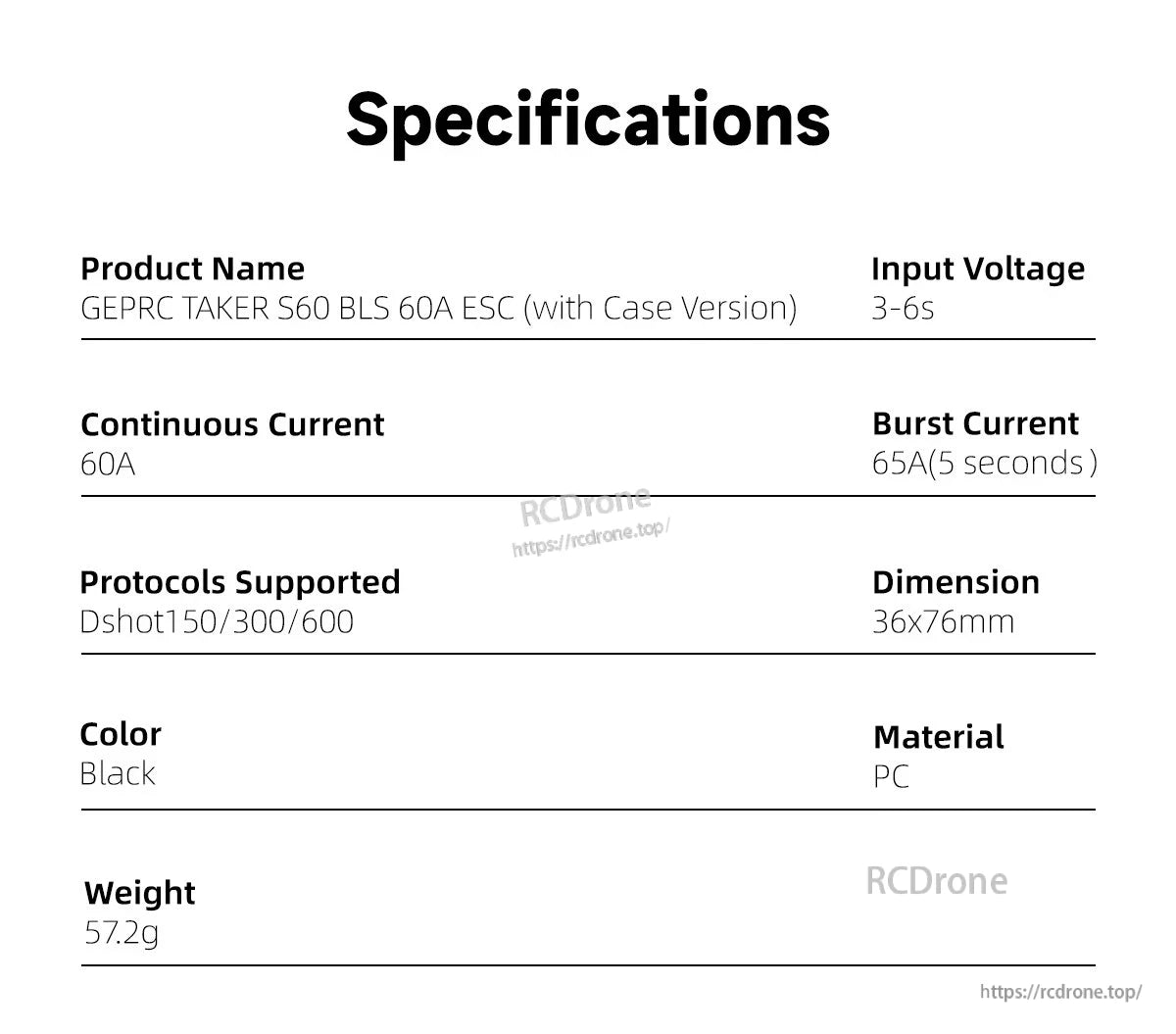 GEPRC TAKER S60 BLS 60A ESC: 3-6S, 60A continuous, Dshot support, 36x76mm, 57.2g.