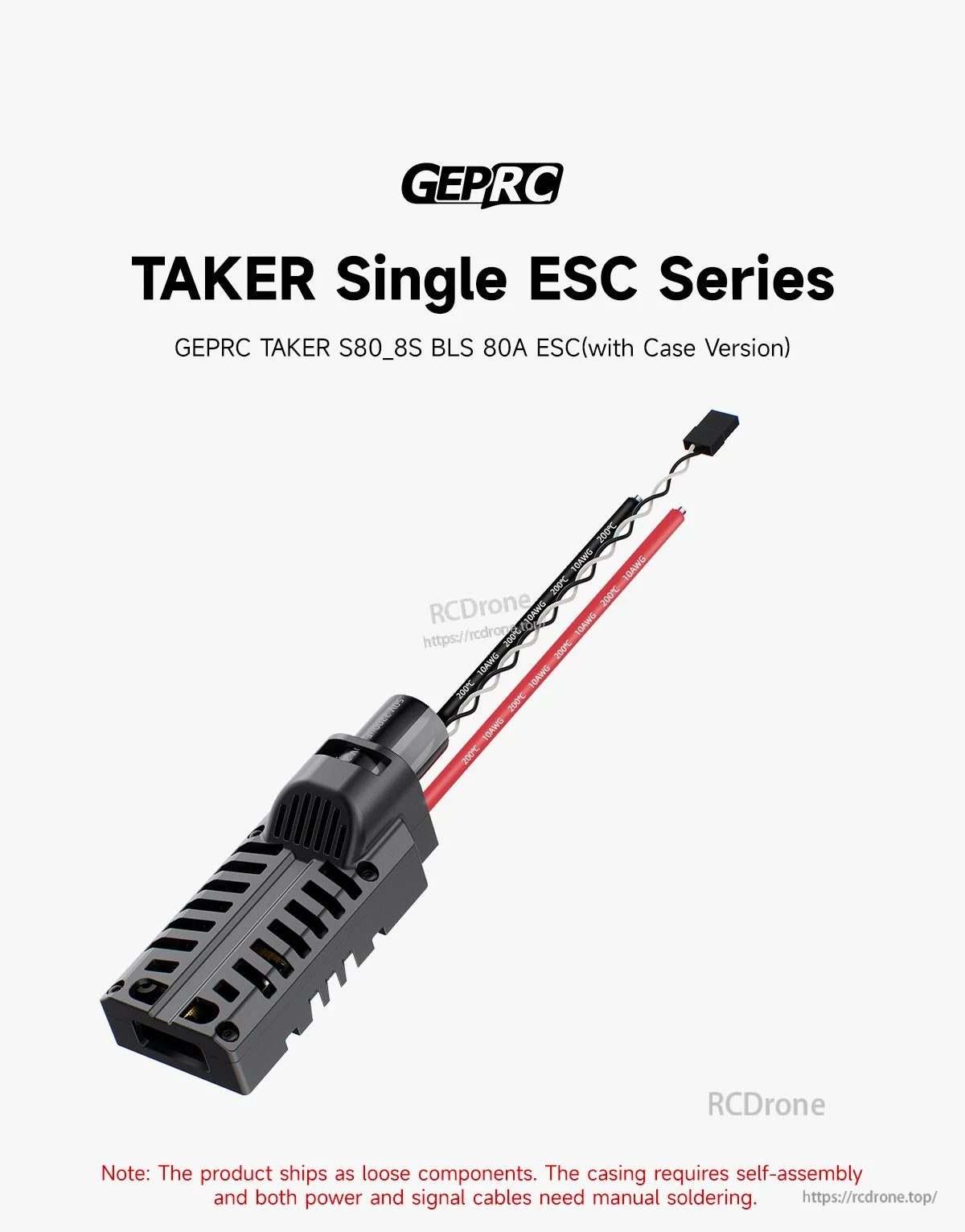 GEPRC TAKER S80 8S BLS 80A ESC, GEPRC TAKER S80 ESC kit requires self-assembly and soldering; compact black case with red/black wires for drones.