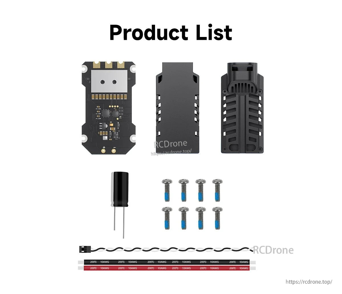 GEPRC TAKER S80 8S BLS 80A ESC, The product includes an ESC board, casing, capacitor, screws, and labeled wiring, all neatly arranged on a white background with no branding.