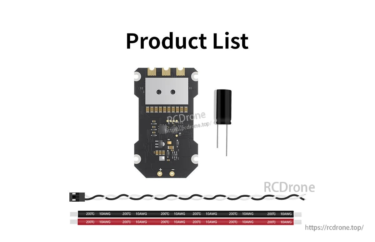GEPRC TAKER S80 8S BLS 80A ESC, Includes GEPRC TAKER S80 ESC, capacitor, and 200°C 10AWG wiring with clear temp/gauge markings.