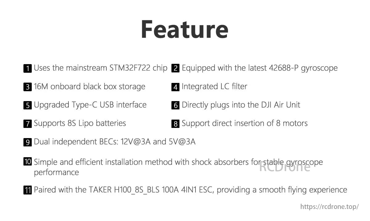 The GEPRC Taker 8S FPV features an STM32F72Z chip, gyroscope, black box storage, Type-C USB, and supports 8S Lipo batteries.