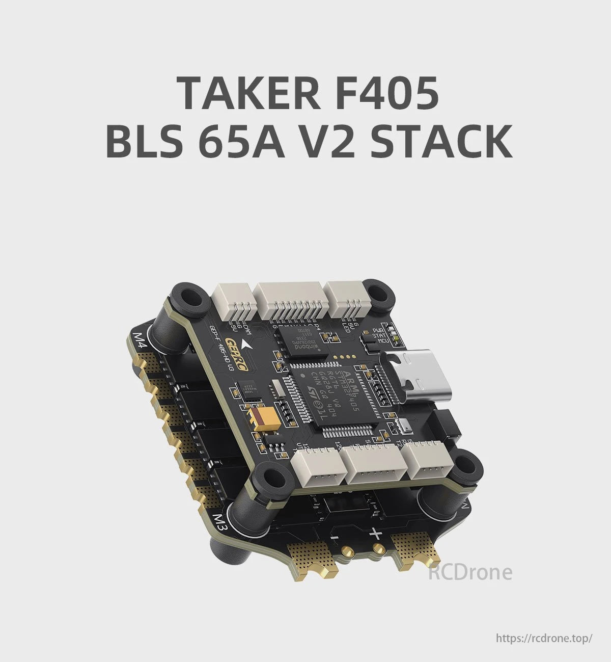 GEPRC Taker F405, The text describes the Taker F405 BLS 65A V2 quadcopter, which has 30cm propellers and a sleek design.