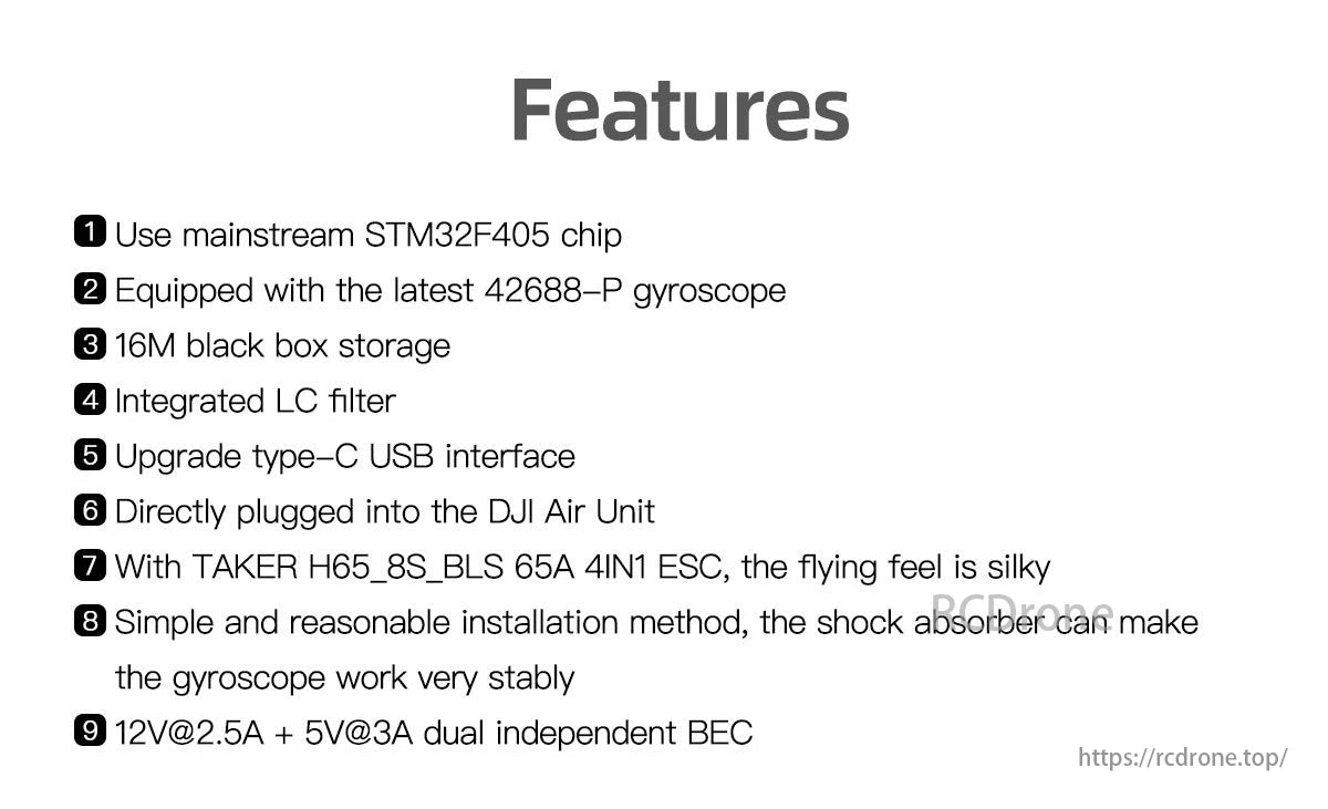 GEPRC Taker F405, The Taker F405 features an STM32F4O5 chip, gyroscope, and USB interface for DJI Air Units, with a smooth flying experience.