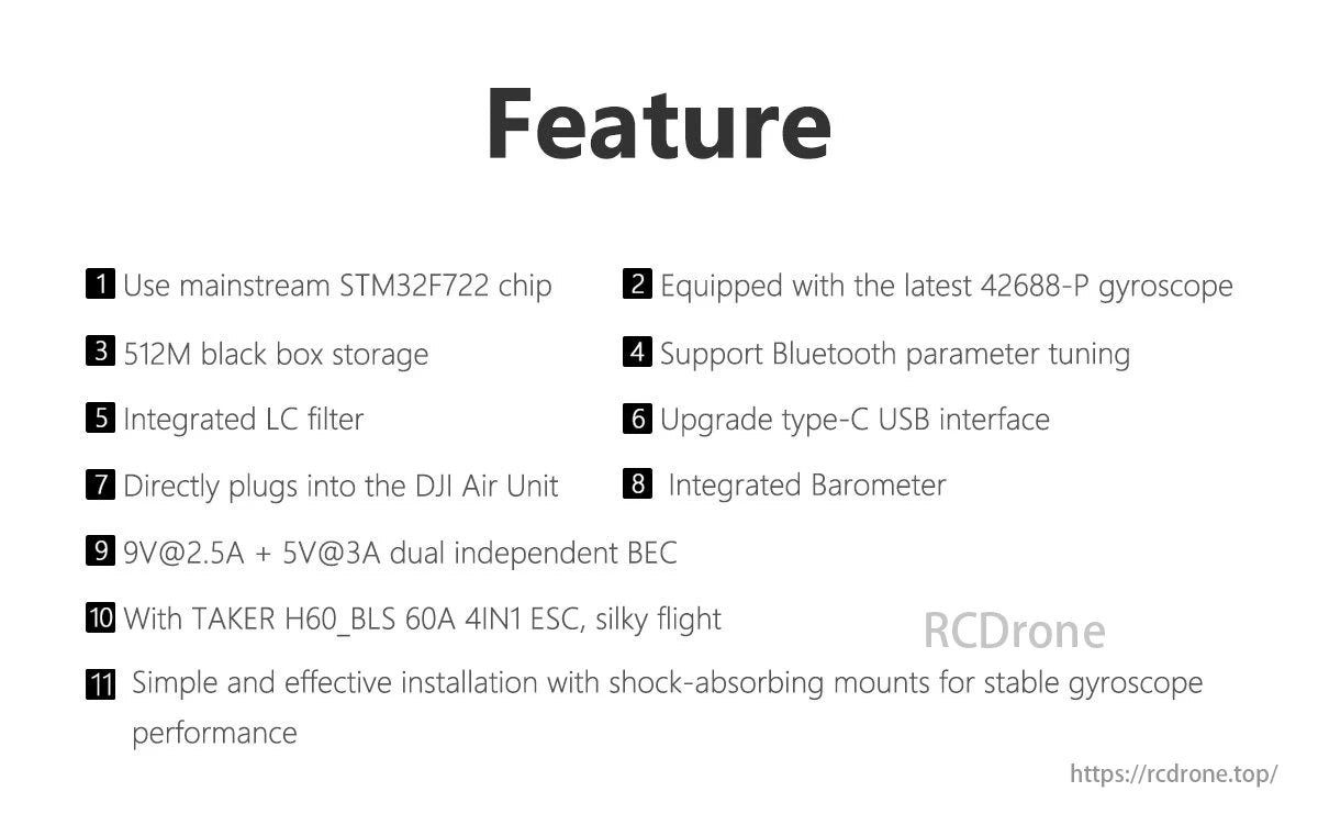 The GEPRC Taker F722 Drone features an STM32F722 chip, gyroscope, and more.