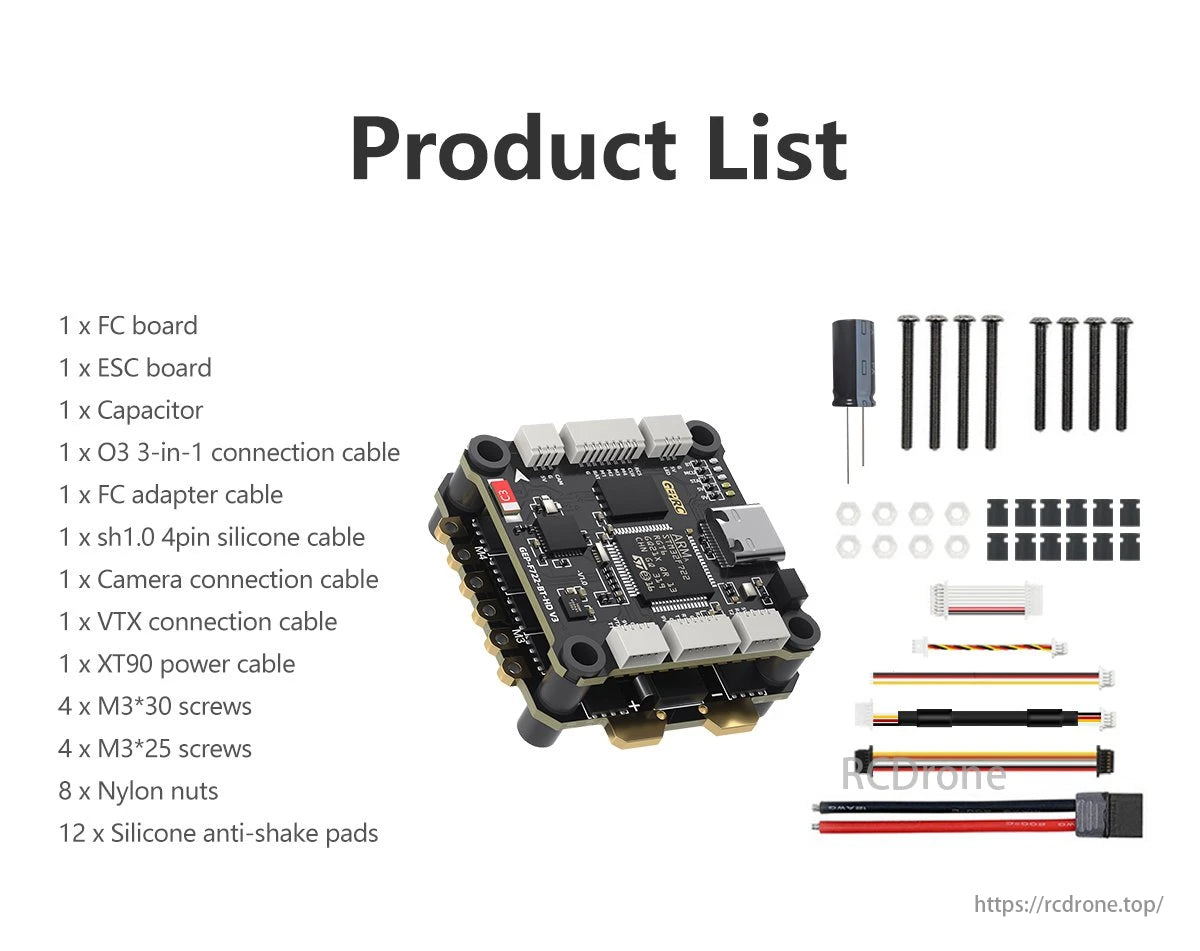 GEPRC Taker F722 FPV Drone, Package includes FC board, ESC board, capacitor, cables, and hardware components for assembling and building a drone.