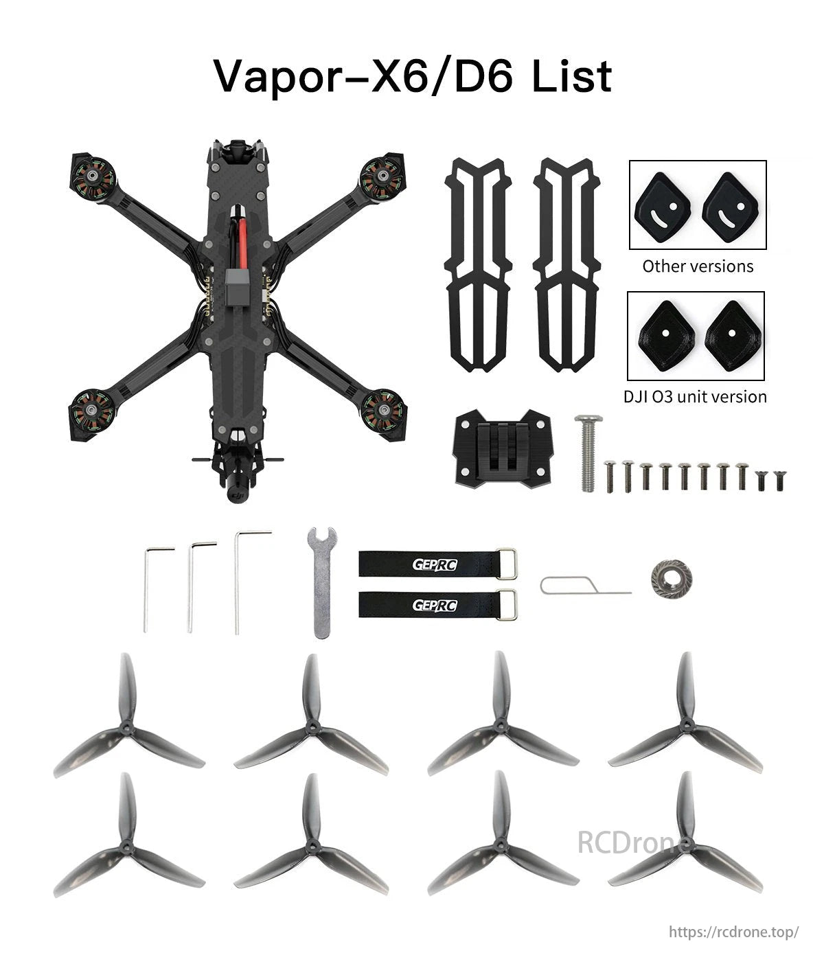 GEPRC Vapor D5 FPV Drone, GEPRC Vapor-X6/D6 FPV drone includes propellers, screws, and accessories for enhanced performance and stability.
