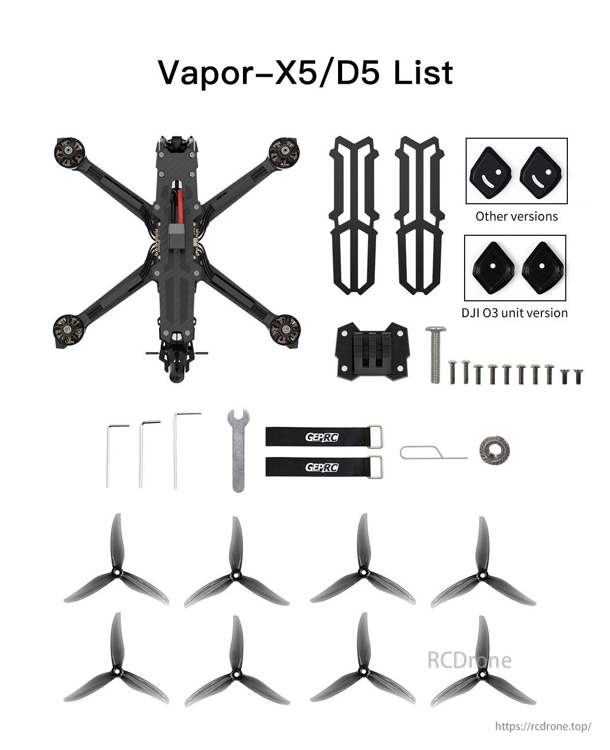 The GEPRC Vapor D5 FPV Drone components comprise the body, propellers, tools, screws, and extra parts.