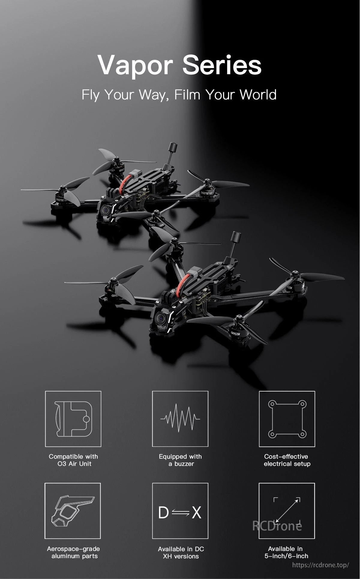 The GEPRC Vapor D5 FPV Drone features aerospace-grade aluminum, O3 Air Unit compatibility, a buzzer, and is available in DC XH versions with 5-inch/6-inch options.