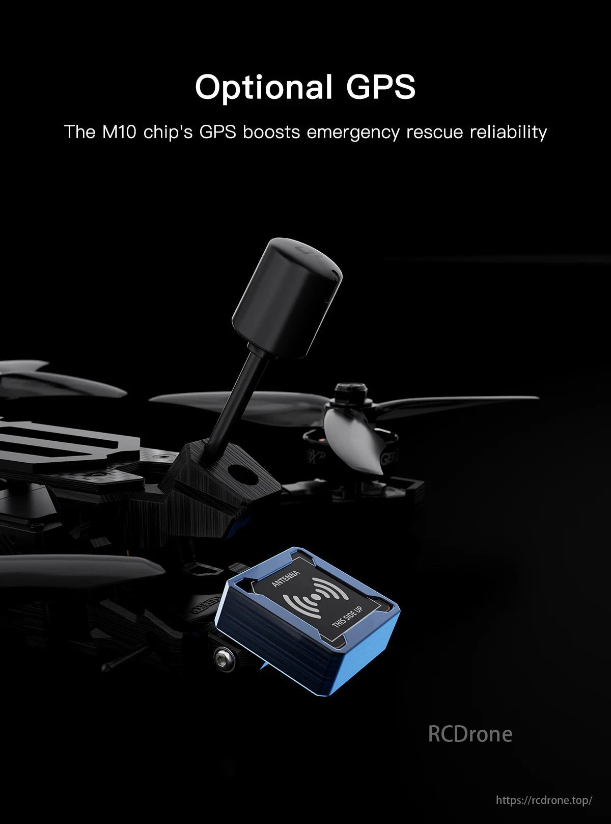 DJI O3 FPV Drone, A drone with optional GPS, black antenna, and a blue box labeled "ANTENNA THIS SIDE UP" improves rescue operations' reliability.