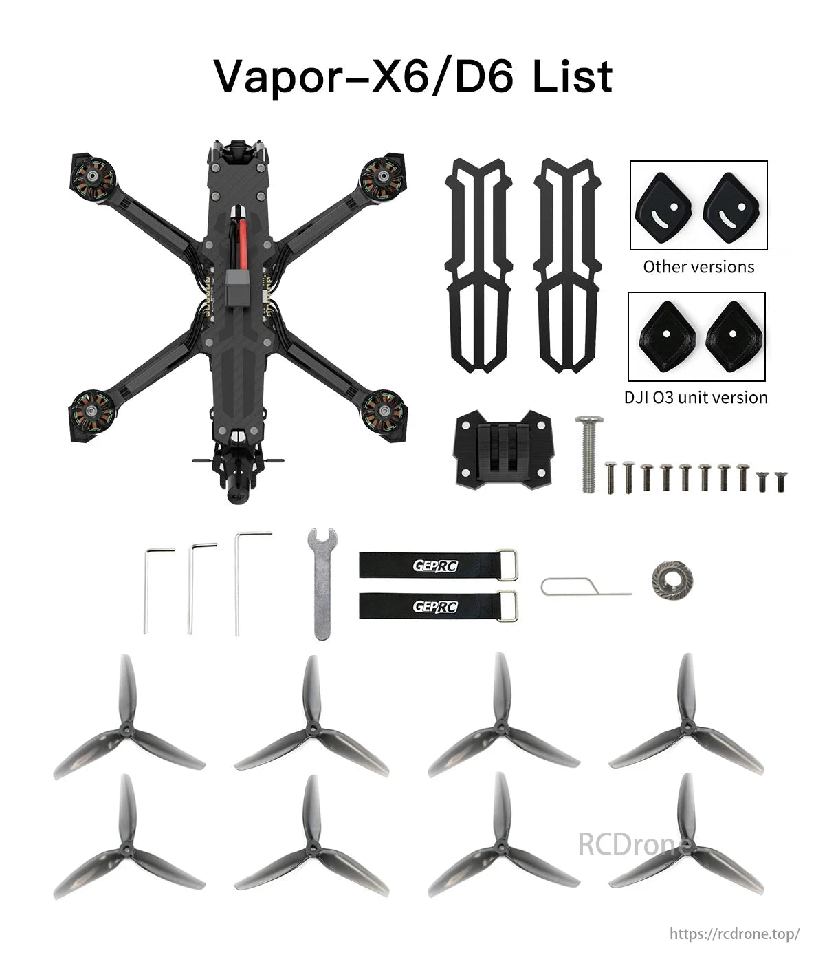 DJI O3 FPV Drone, Vapor-X6/D6 drone components: frame, arms, screws, tools, propellers.