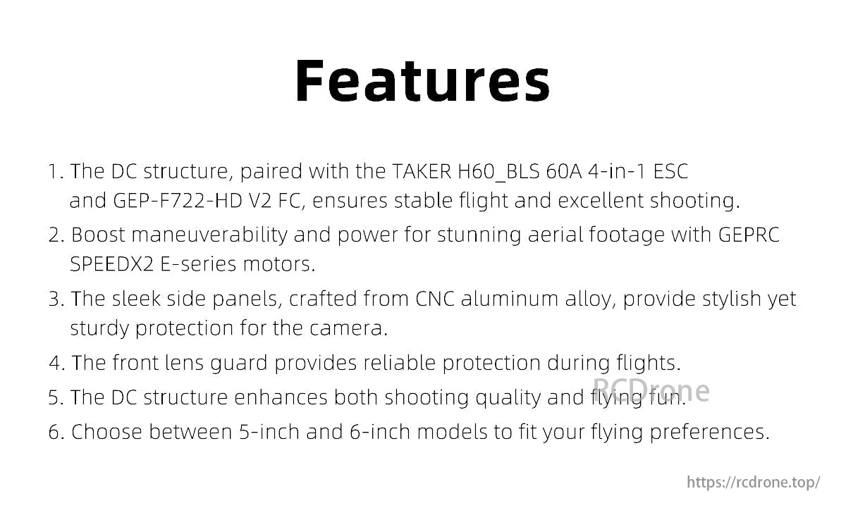 The GEPRC Vapor-D5 WTFPV F722 drone features a DC structure, H60_BLS ESC, GEP-F722-HD V2 FC, SPEEDX2 motors, CNC panels, and a lens guard, available in 5-inch or 6-inch models for stable flight and shooting.