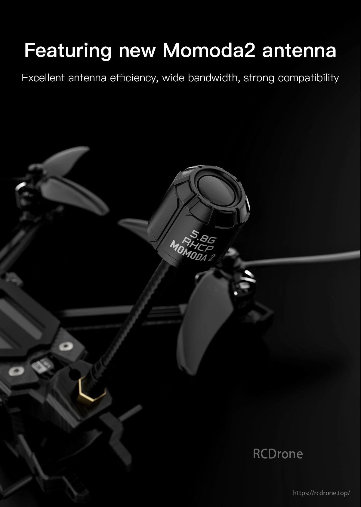 GEPRC Vapor D6 FPV Drone features Momoda2 antenna, offering excellent efficiency, wide bandwidth, strong compatibility, and labeled "5.8G RHCP MOMODA 2."