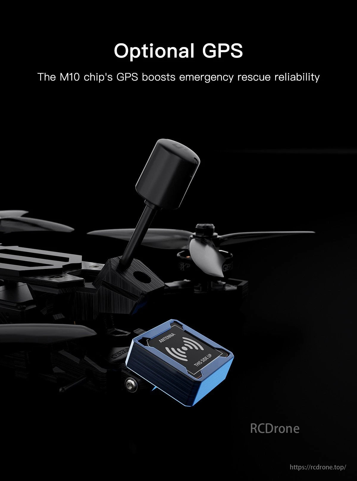 GEPRC Vapor D6 FPV Drone features optional GPS and M10 chip for reliability; blue antenna labeled "THIS SIDE UP".