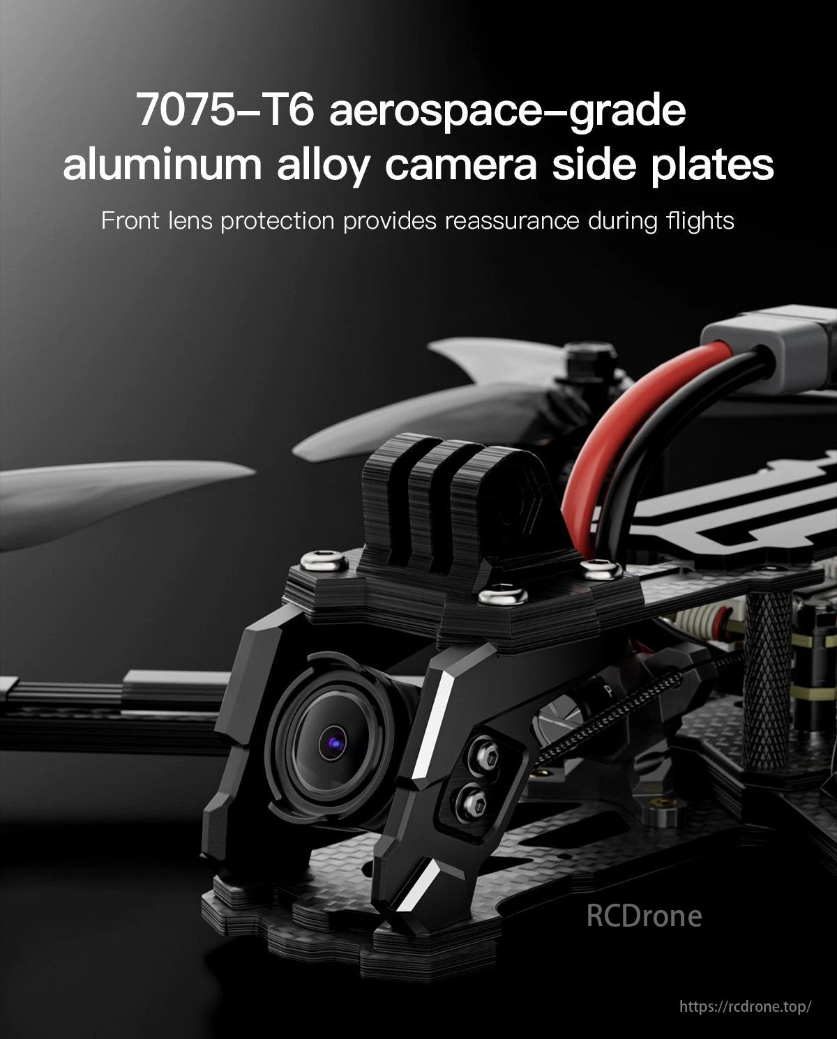 GEPRC Vapor D6 FPV Drone features 7075-T6 aluminum alloy camera side plates with front lens protection for safe flights.