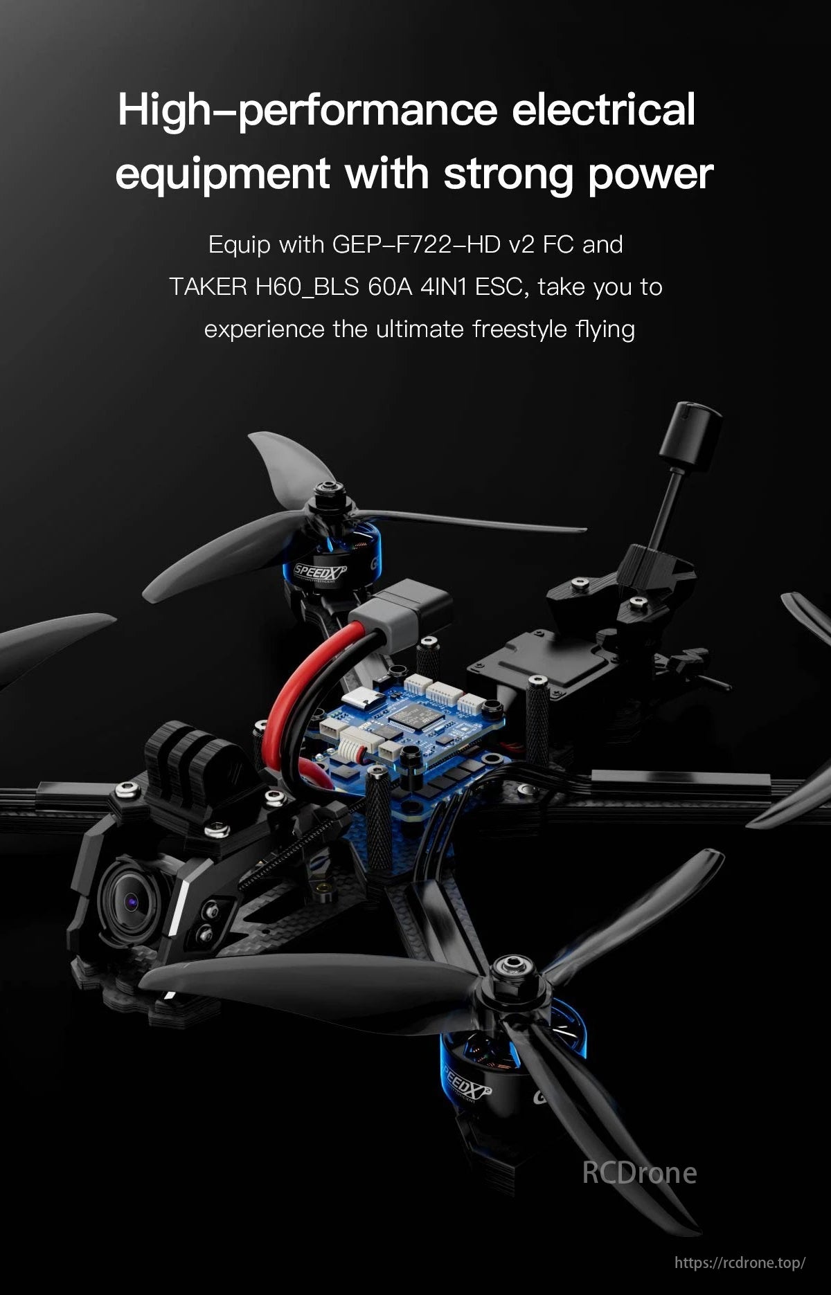 GEPRC Vapor D6 Freestyle Drone, GEPRC Vapor D6 drone with GEP-F722-HD v2 FC and TAKER H60_BLS ESC for powerful freestyle flying.