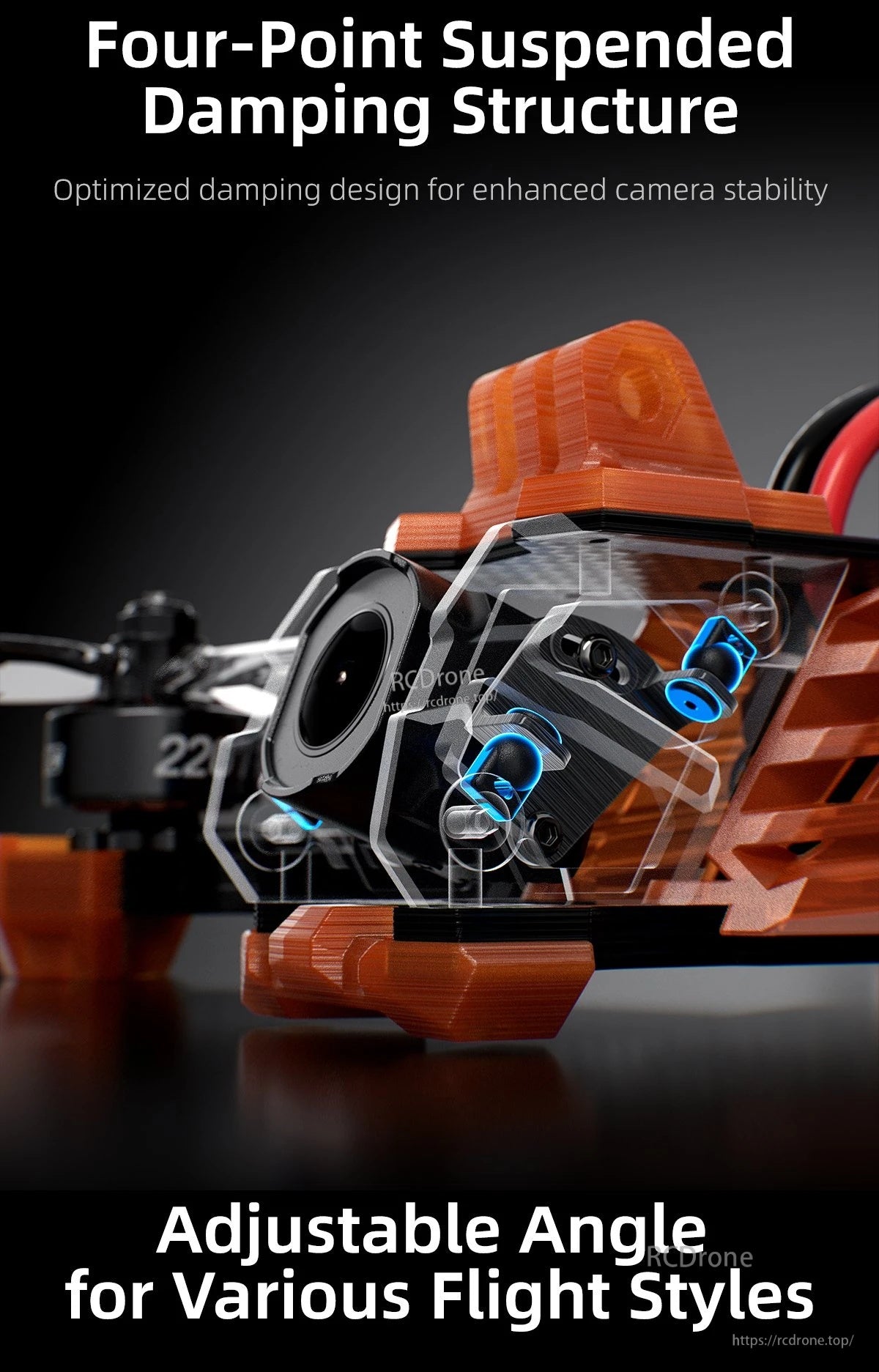 Four-point suspended camera damping structure with silicone damping balls on the Vapor O4 Pro mount