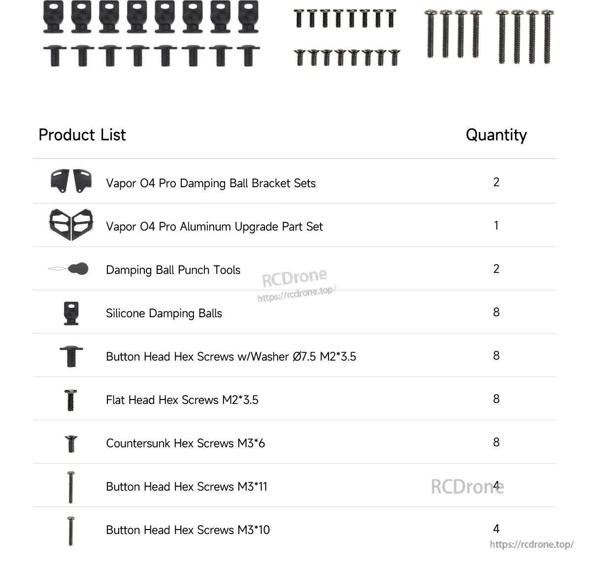 Complete GEPRC Vapor O4 Pro damping upgrade kit hardware and included component list