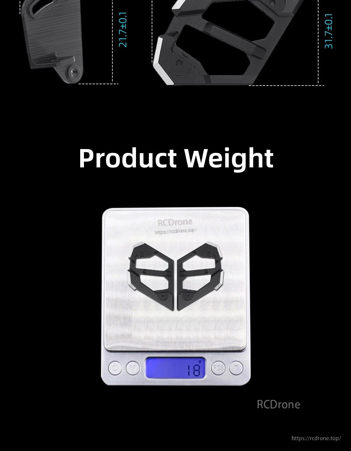 Vapor O4 Pro aluminum upgrade parts on a scale displaying an 18 g product weight