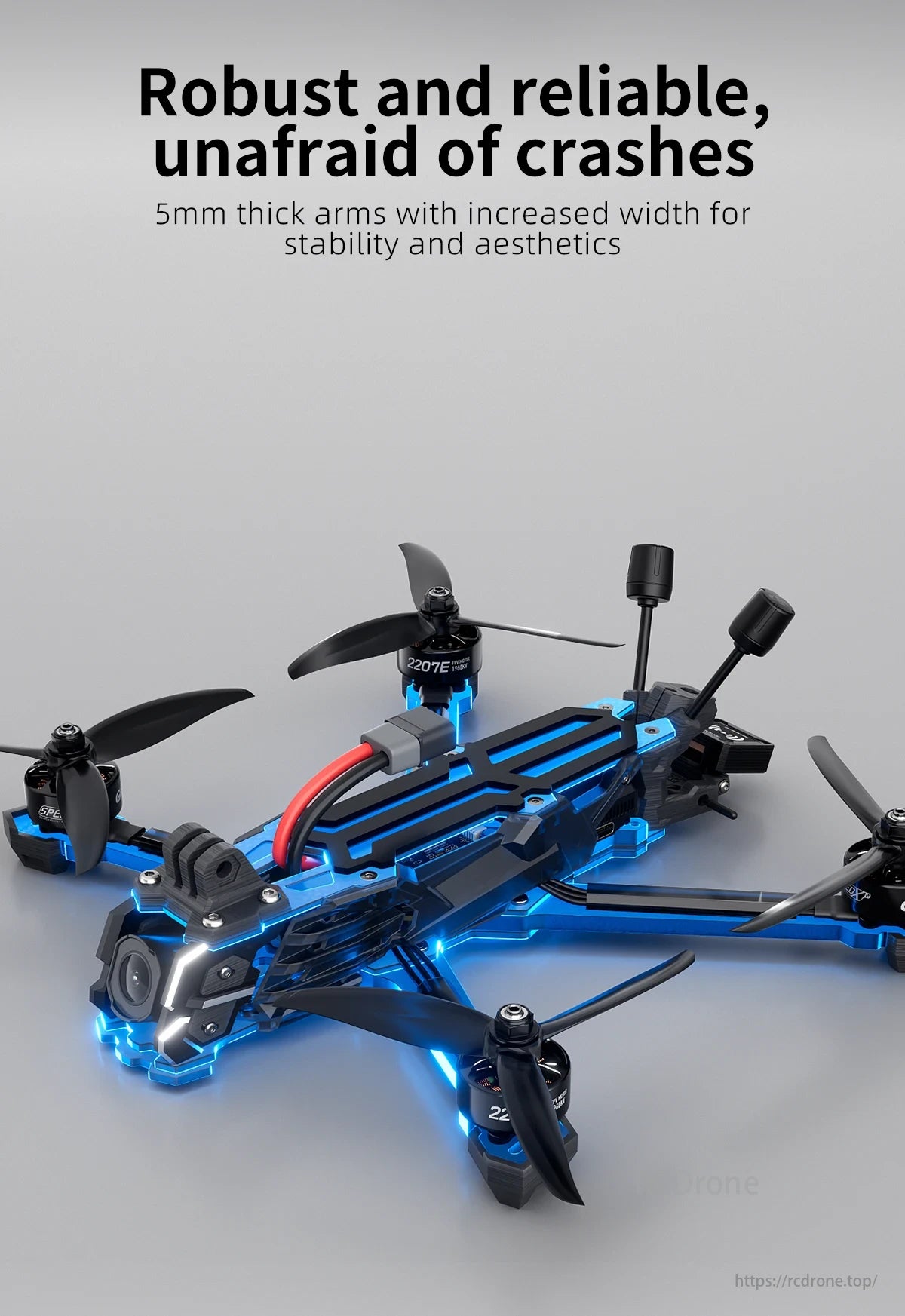 GEPRC Vapor-X5 / D5 5Inch FPV, Robust blue drone with 5mm thick arms for stability, aesthetics, and crash-resistant durability.