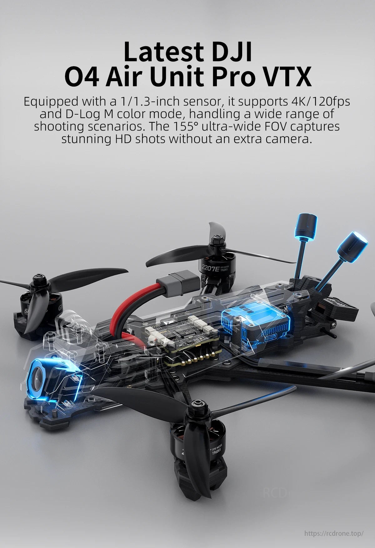 GEPRC Vapor-X5 / D5 5Inch FPV, DJI O4 Air Unit Pro VTX features a 1/1.3-inch sensor, 4K/120fps, D-Log M, and 155° FOV for versatile, stunning HD shots in various scenarios.