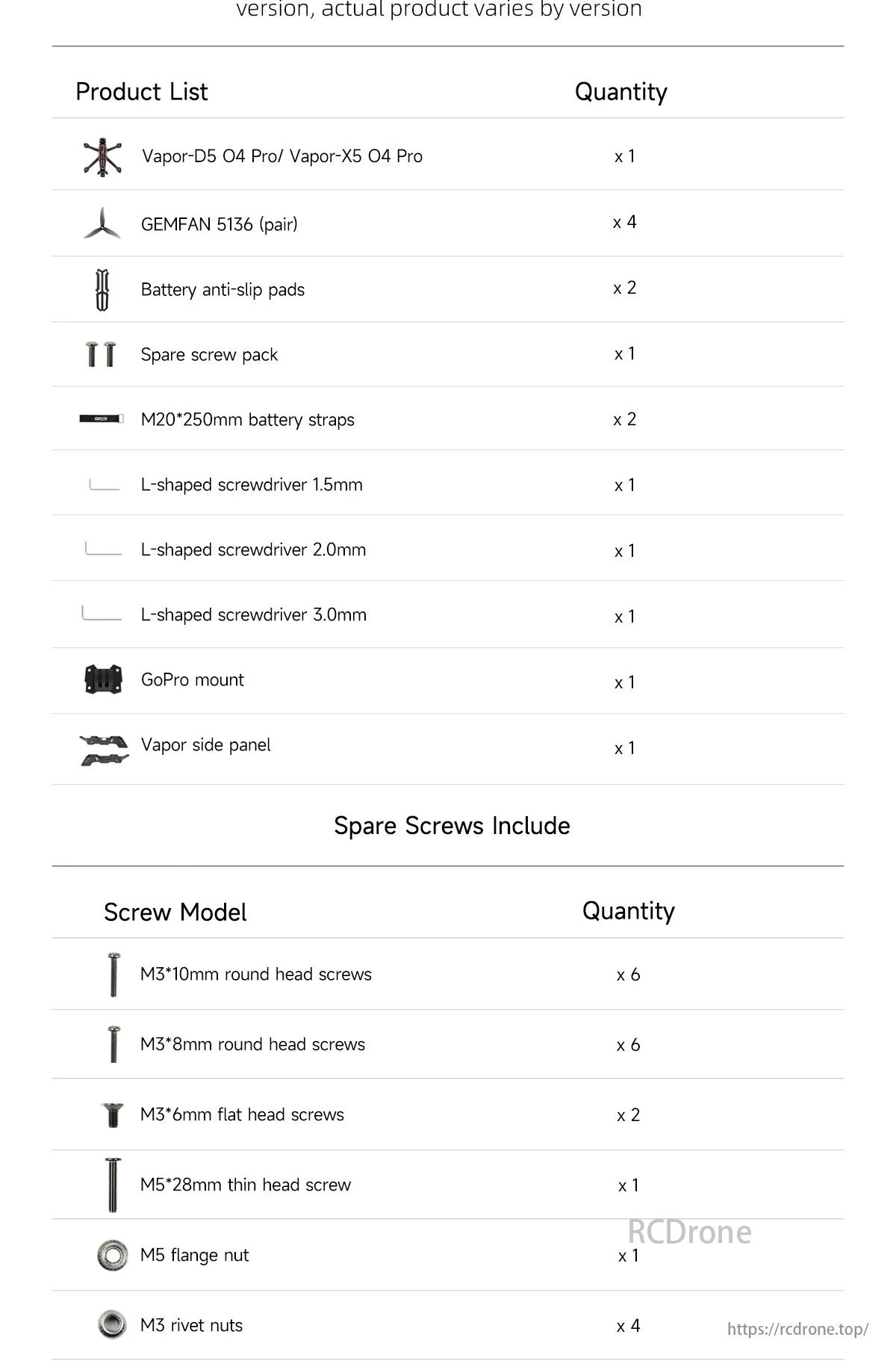 GEPRC Vapor-X5 / D5 5Inch FPV, The product list features various drone accessories and parts, like Vapor-D5 O4 Pro, GEMFAN 5136 props, GoPro mount, screws, and straps. Contents may vary by version.