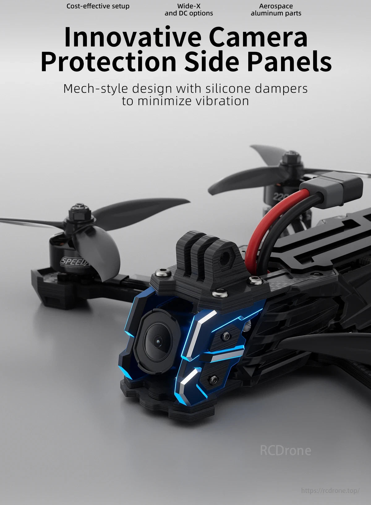 GEPRC Vapor-X5 / D5 5Inch FPV, Innovative camera protection panels minimize vibration with mech-style design.