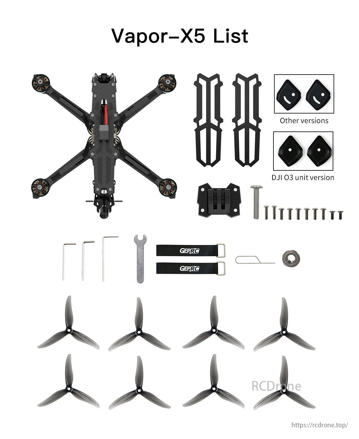 Vapor X5 FPV Drone, Vapor-X5 drone components comprise the frame, motors, props, tools, and screws for assembly and operation.