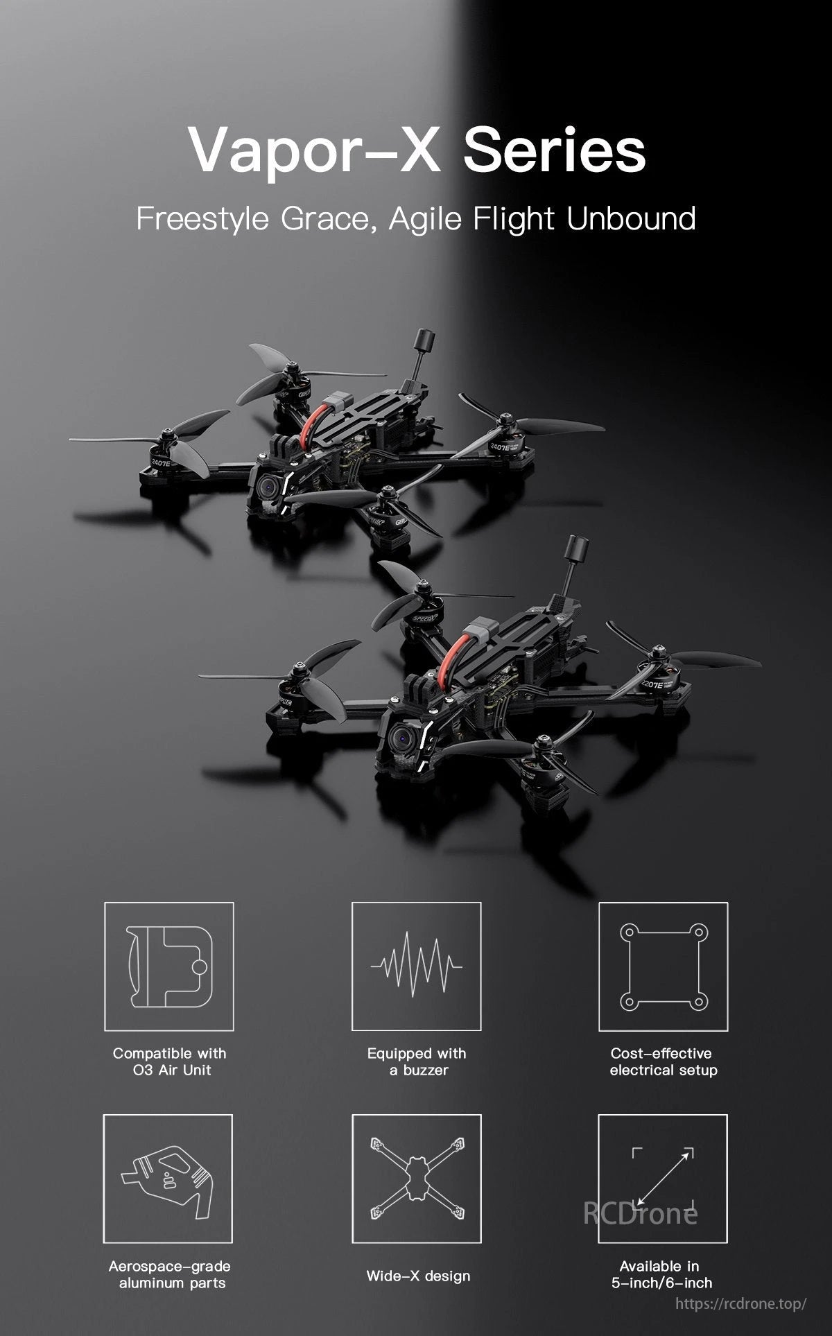 Vapor X5 FPV Drone, GEPRC Vapor-X Series drone features O3 Air Unit, buzzer, cost-effective aluminum setup, Wide-X design, available in 5-inch/6-inch sizes.