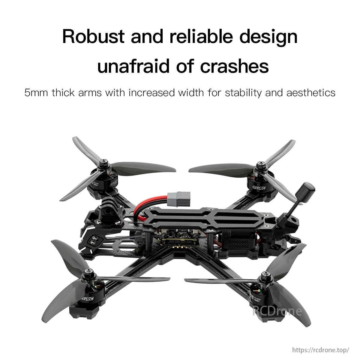 Vapor X5 FPV Drone, Robust and reliable design with 5mm thick arms for stability and aesthetics.