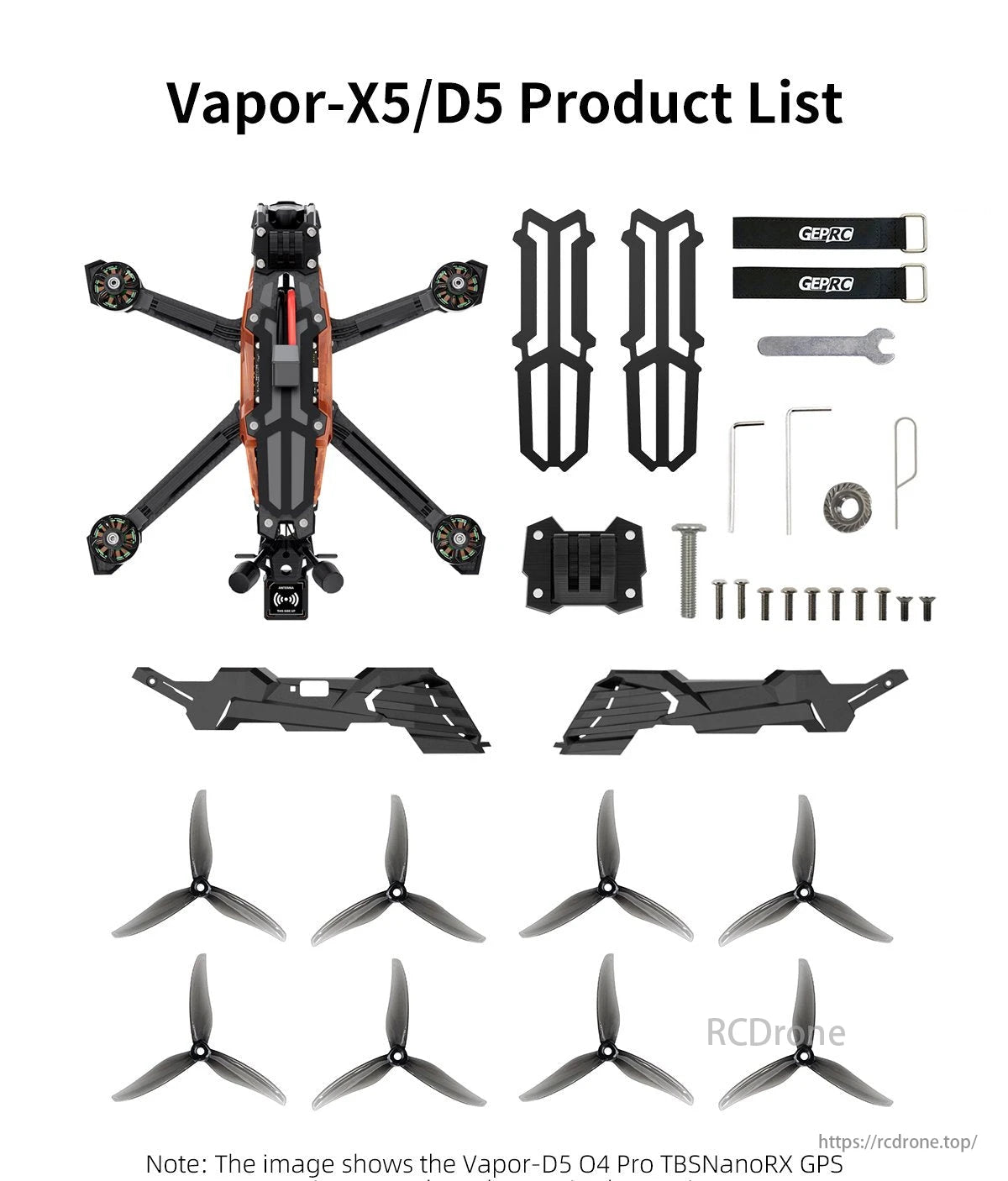 GEPRC Vapor X5 FPV Drone, The image shows the GEPRC Vapor-X5/D5 drone product list, featuring the main body, propellers, tools, screws, and protective parts.