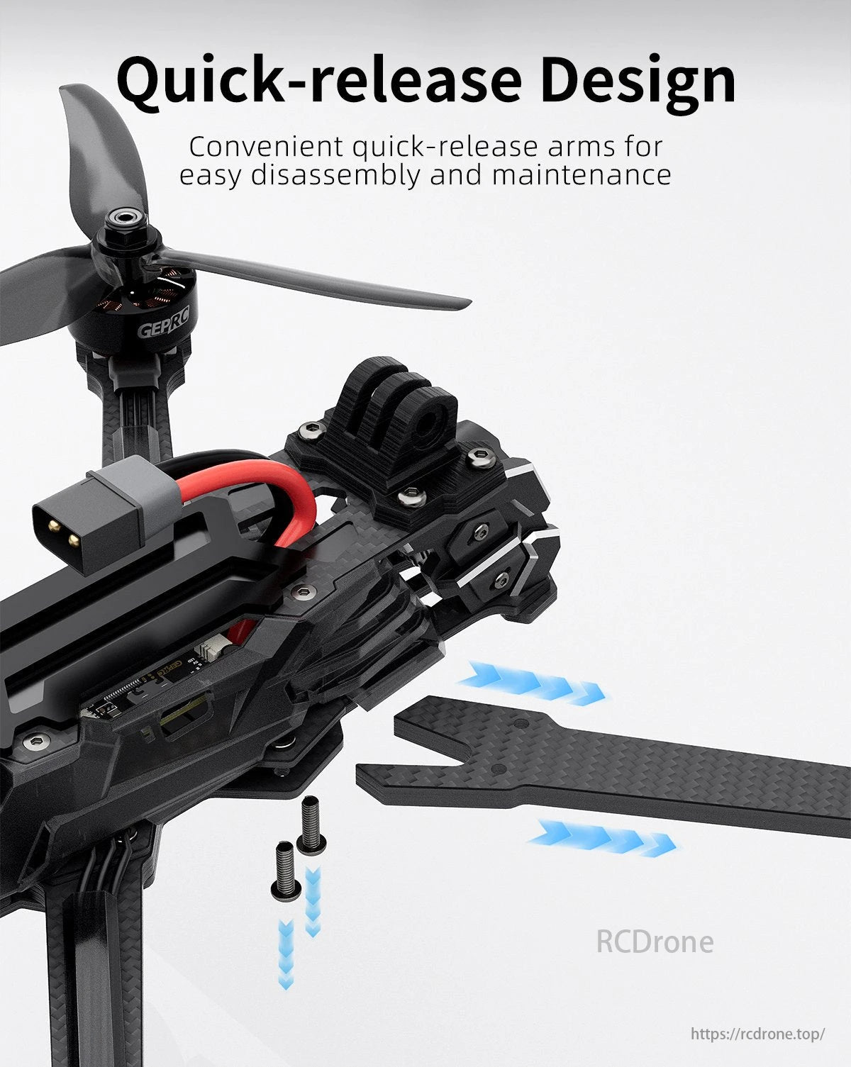 GEPRC Vapor X5 FPV Drone, The image showcases the quick-release design of the GEPRC Vapor-X5 HD drone, with convenient arms for easy disassembly and maintenance.