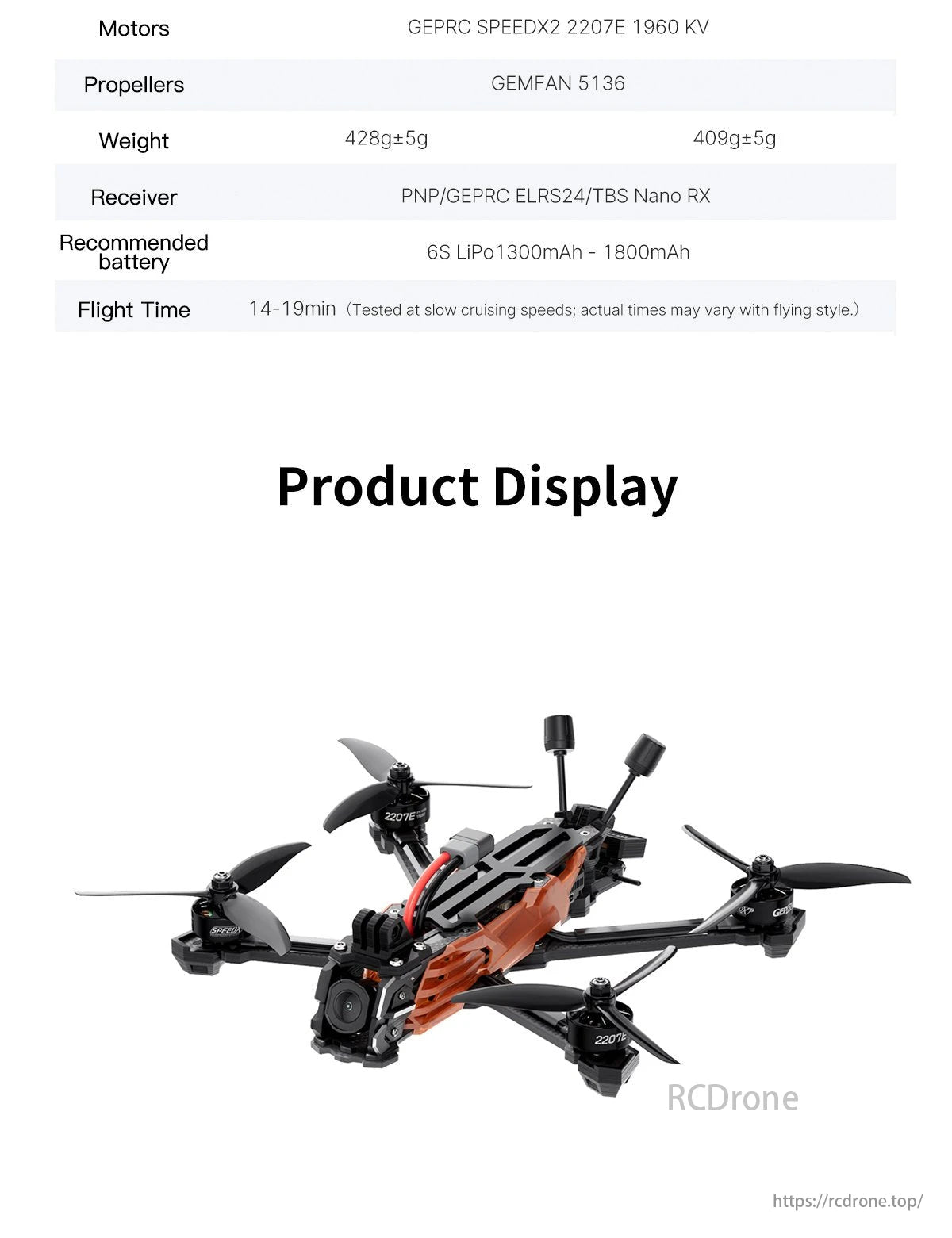 GEPRC Vapor X5 FPV Drone, The GEPRC Vapor-X5 HD is a 230mm FPV drone with SPEEDX2 motors, GEMFAN props, ELRS24/Nano RX options, weighing 409-428g, and offering 14-19 min flight time on a 6S LiPo battery.