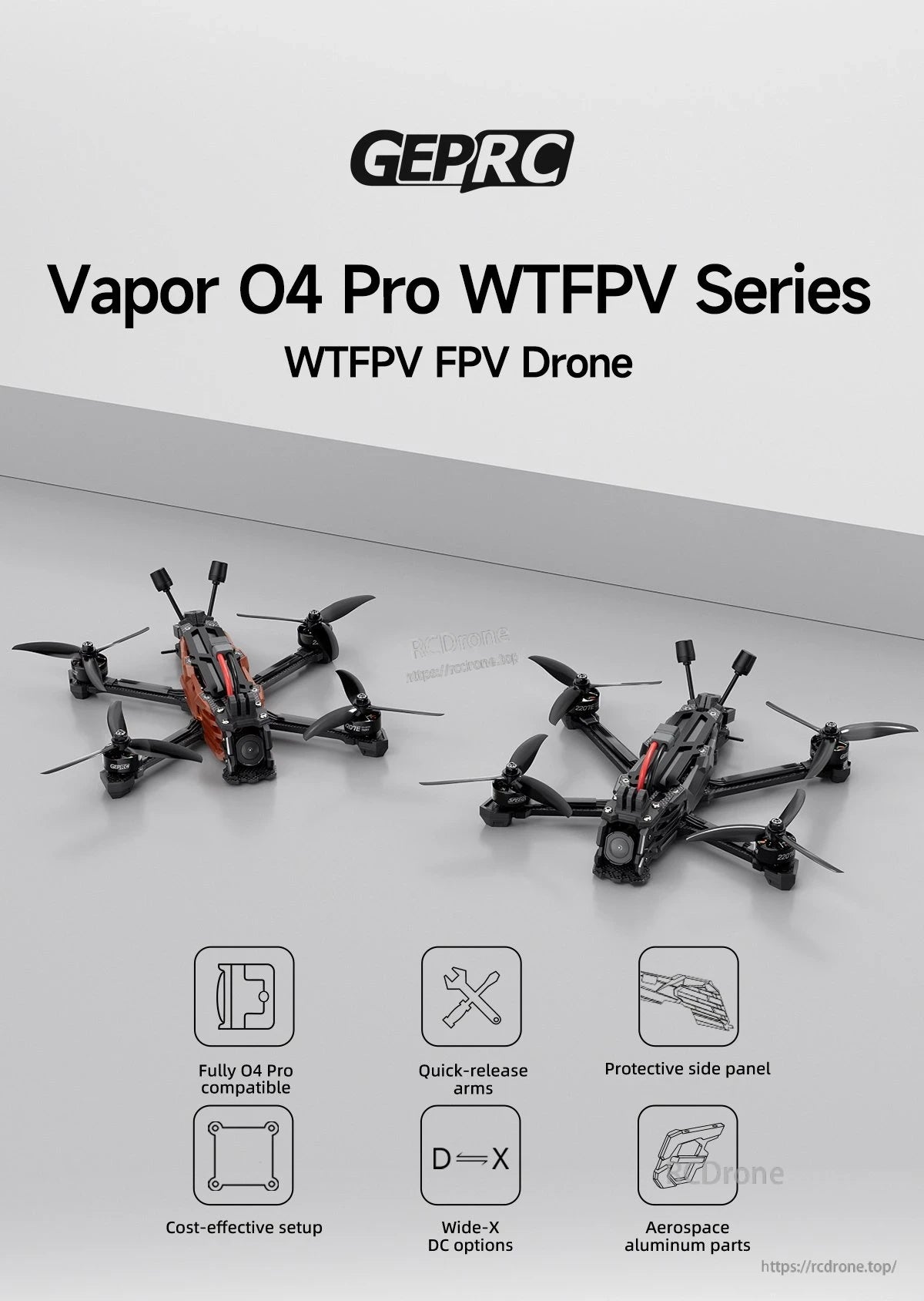 GEPRC Vapor-X5 O4 Pro WTFPV, GEPRC Vapor O4 Pro FPV drone features quick-release arms, aerospace aluminum parts, and affordable setup options.