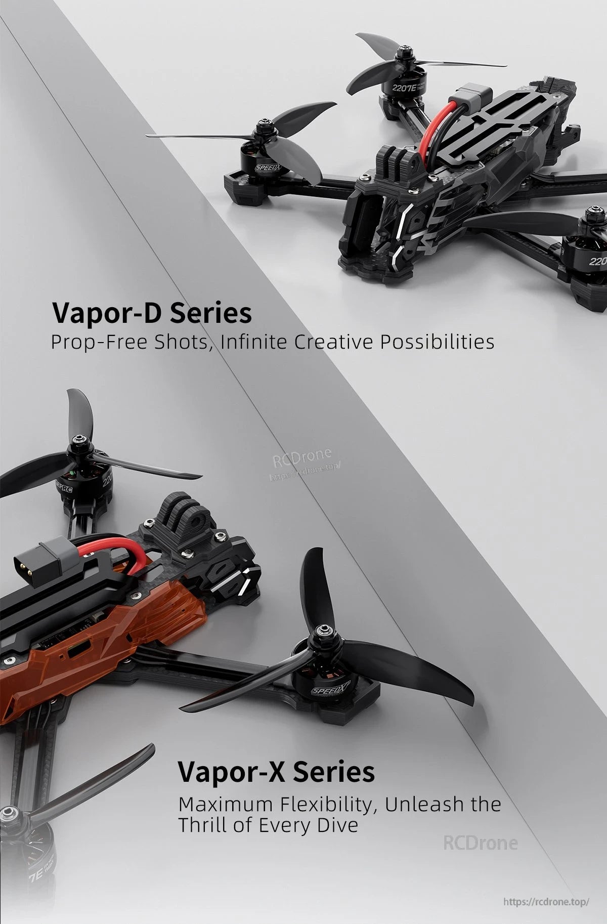 GEPRC Vapor-X5 O4 Pro WTFPV, Vapor-D and Vapor-X drones enable prop-free shots, creative flexibility, and thrilling dives.