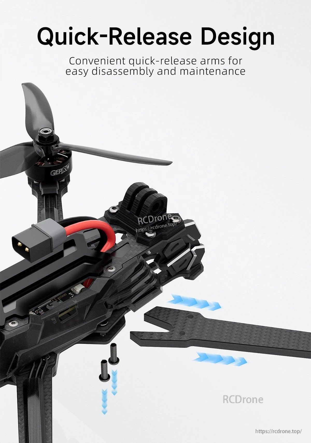 GEPRC Vapor-X5 O4 Pro WTFPV, GEPRC drone features quick-release, modular design with visible screws and carbon fiber arms for easy disassembly and repair.