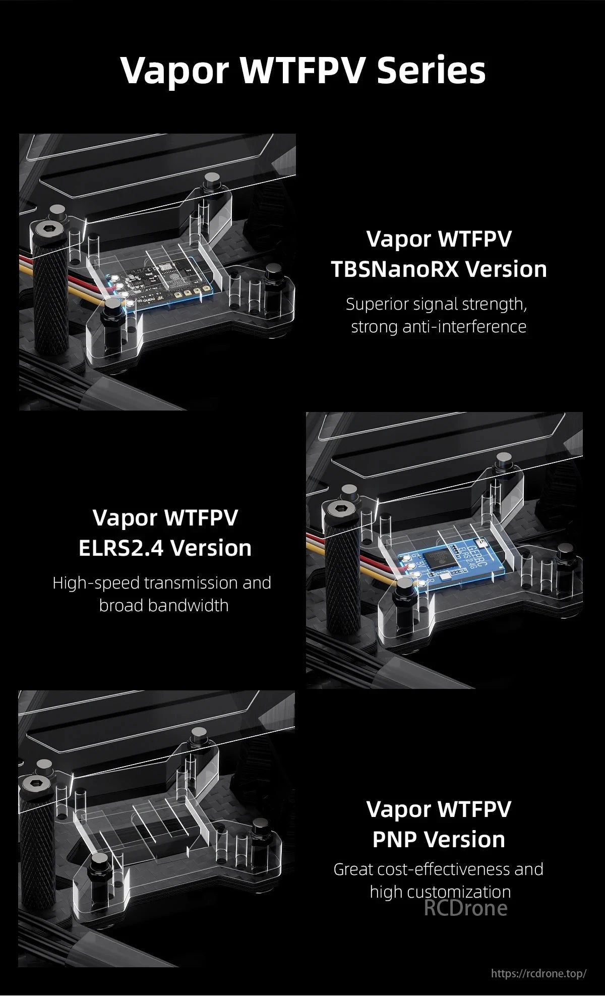 The GEPRC Vapor-X5 WTFPV drone comes in three versions—TBSNanoRX, ELRS2.4, and PNP—optimized for signal strength, speed, and cost-effectiveness.
