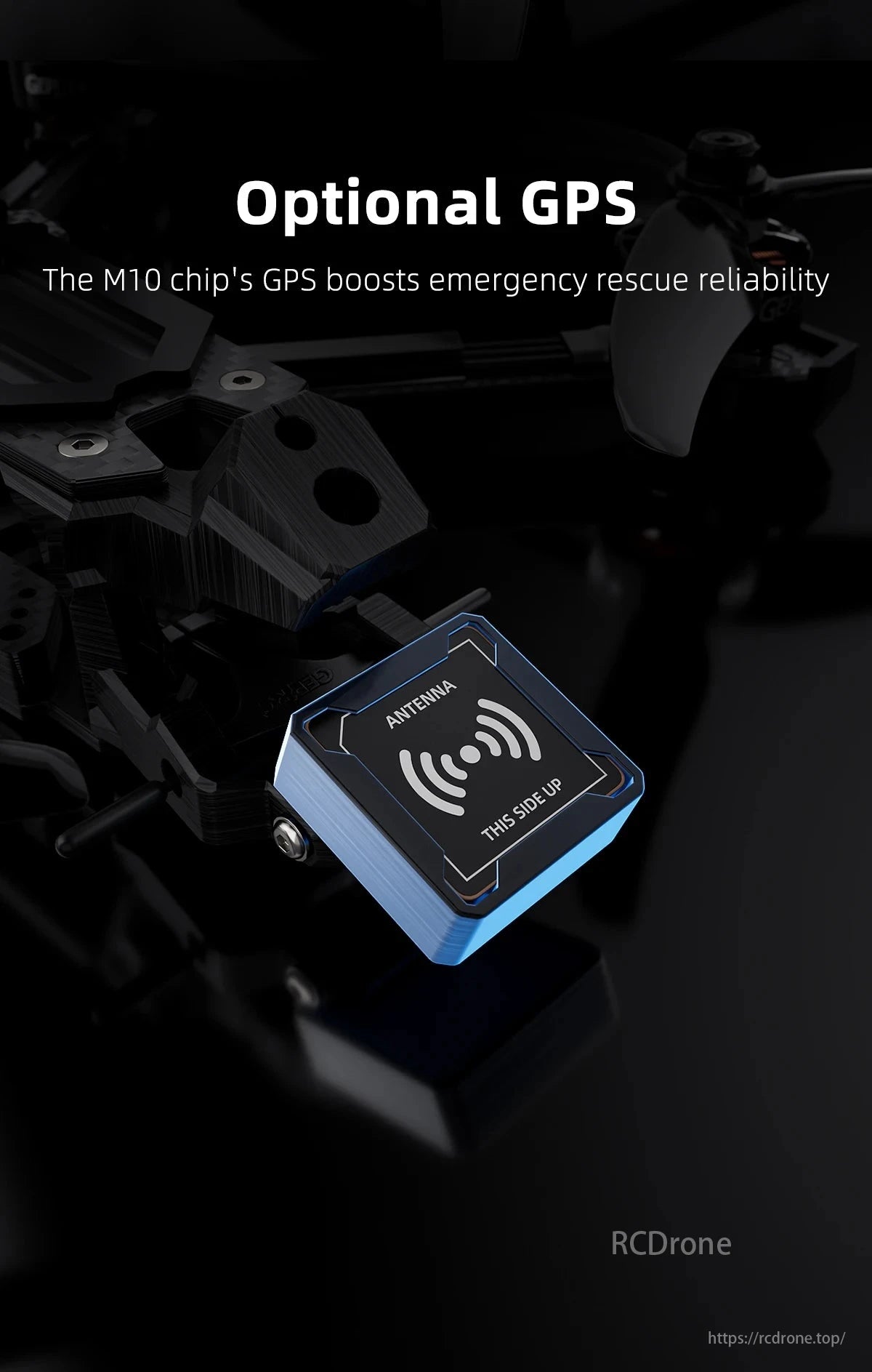 GEPRC Vapor-X5 WTFPV, A drone featuring the M10 chip and optional GPS module for reliable emergency rescue, marked "ANTENNA" with a "THIS SIDE UP" indicator.