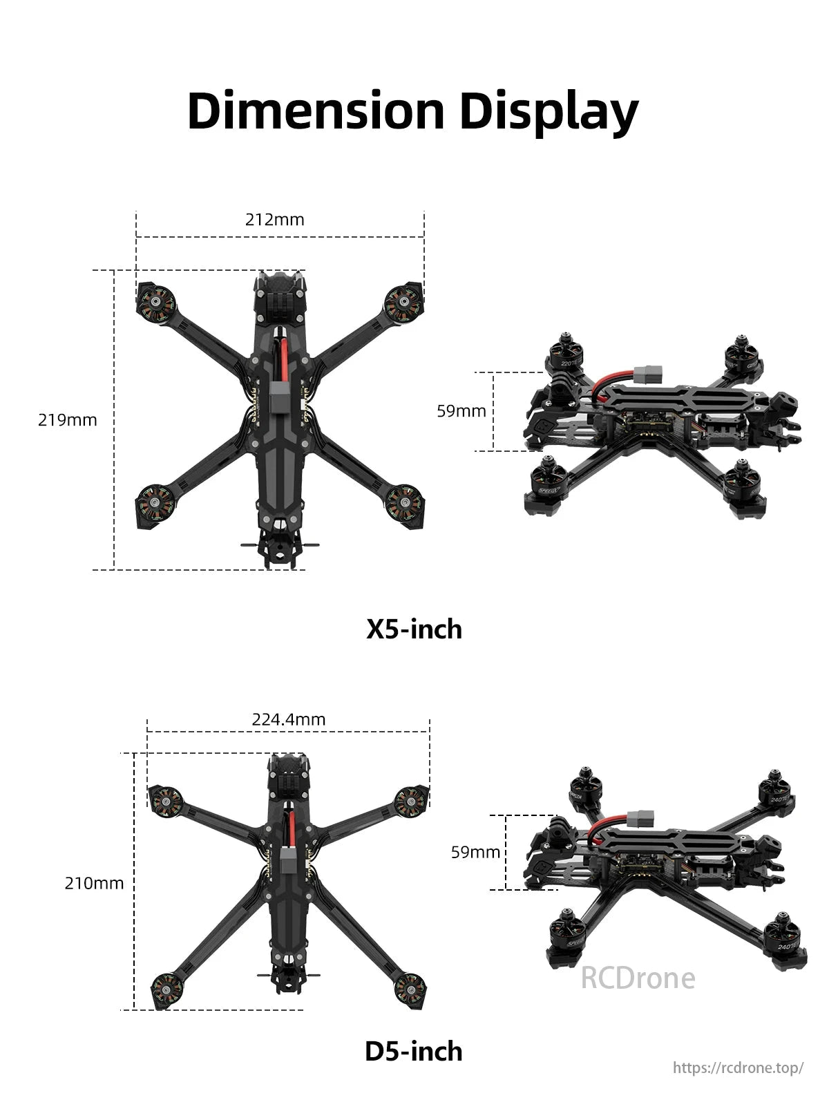 GEPRC Vapor-X5 WTFPV, Two drones, X5 and D5-inch, vary in wheelbase and width but share a 59mm height.